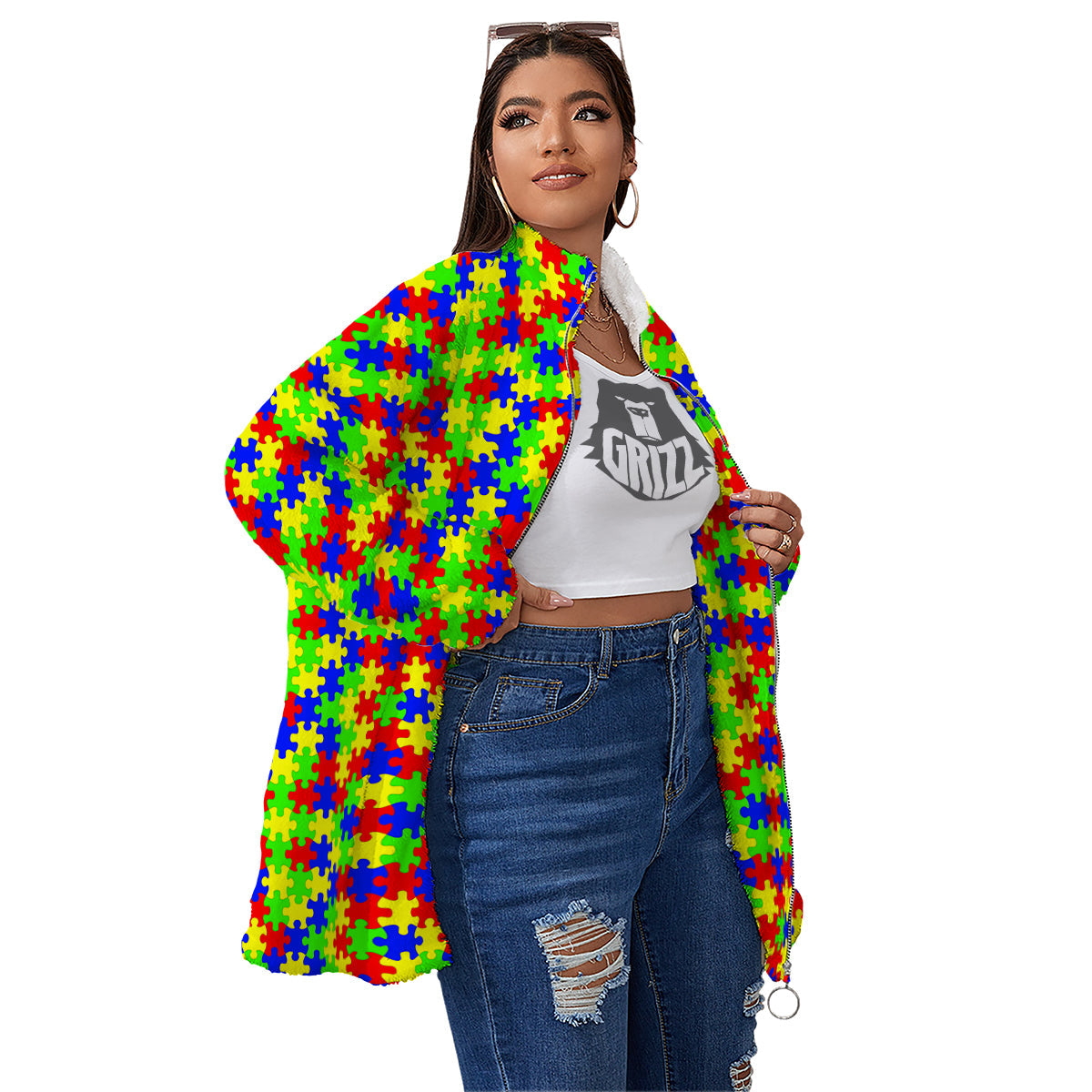 Jigsaw Autism Awareness Print Pattern Women's Sherpa Jacket-grizzshop