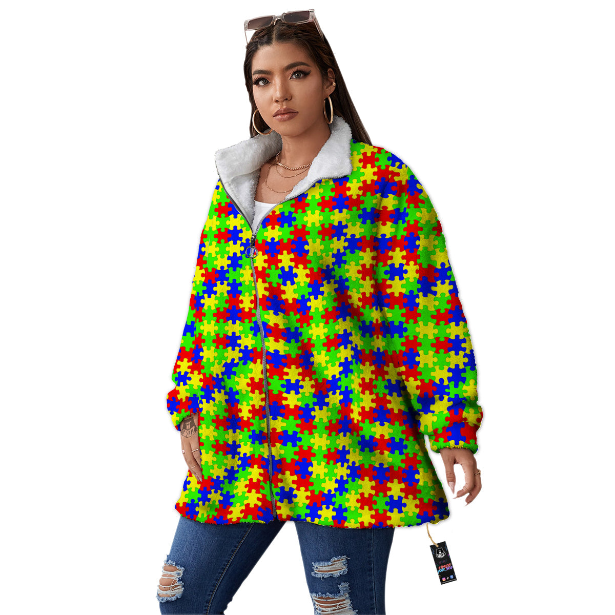 Jigsaw Autism Awareness Print Pattern Women's Sherpa Jacket-grizzshop