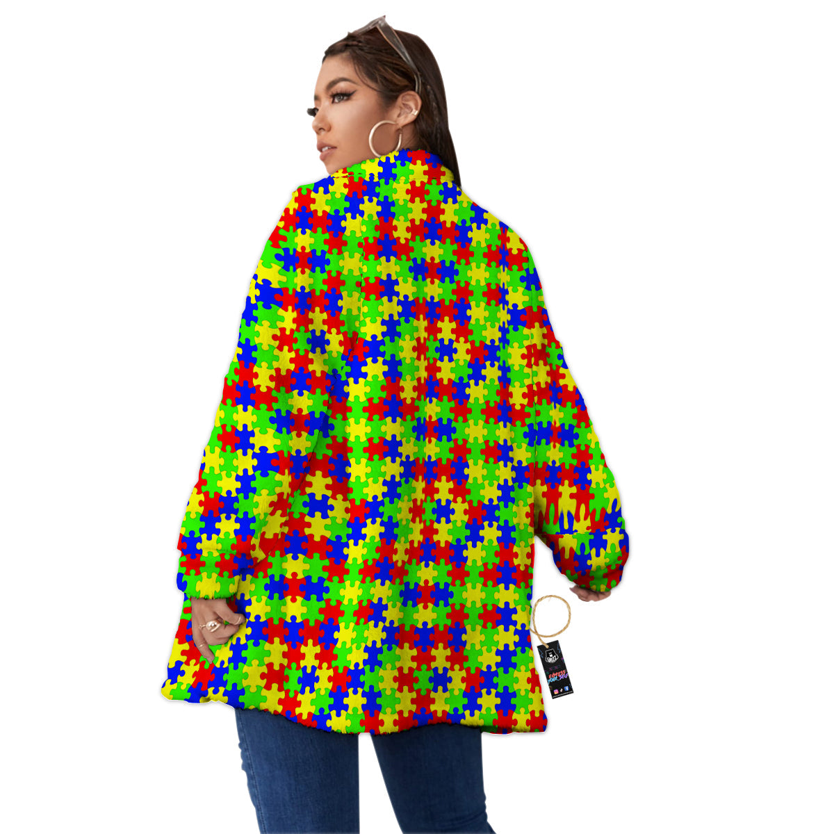 Jigsaw Autism Awareness Print Pattern Women's Sherpa Jacket-grizzshop