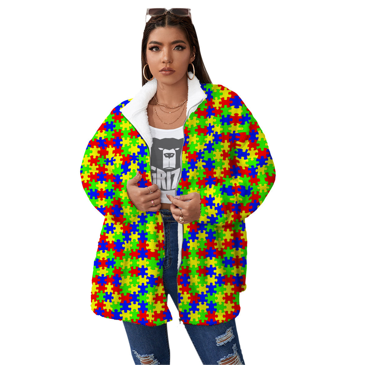 Jigsaw Autism Awareness Print Pattern Women's Sherpa Jacket-grizzshop