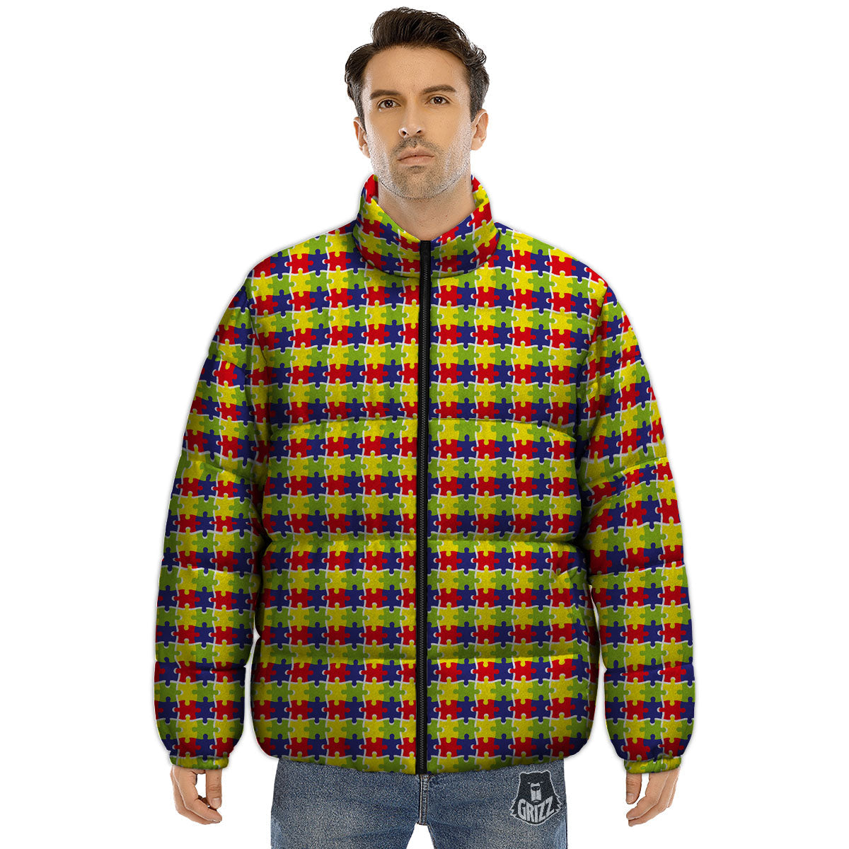 Jigsaw Autism Awareness Print Puffer Jacket-grizzshop