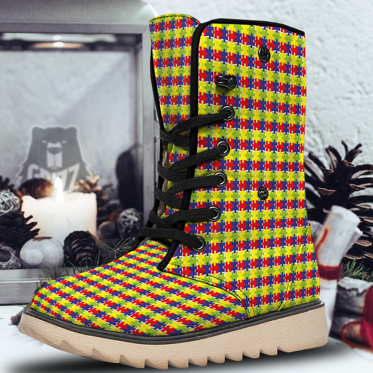 Jigsaw Autism Awareness Print Snow Boots-grizzshop
