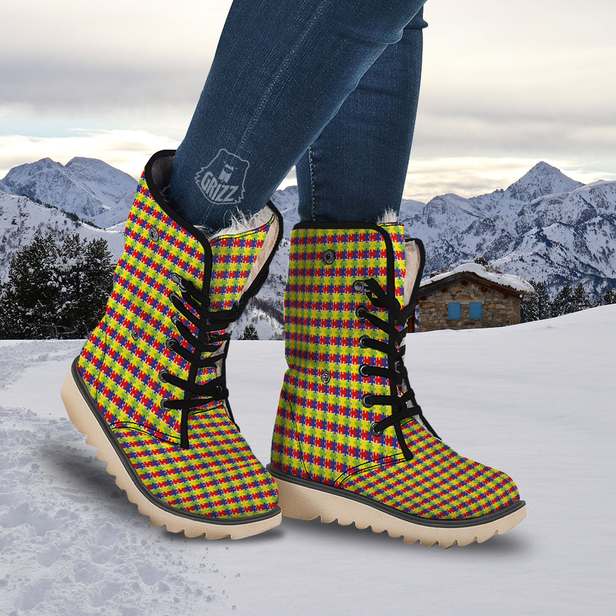 Jigsaw Autism Awareness Print Snow Boots-grizzshop