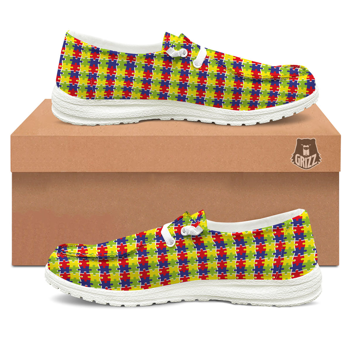 Jigsaw Autism Awareness Print White Loafers-grizzshop