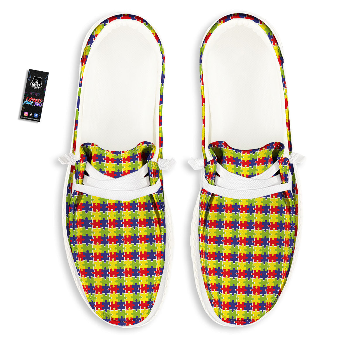 Jigsaw Autism Awareness Print White Loafers-grizzshop