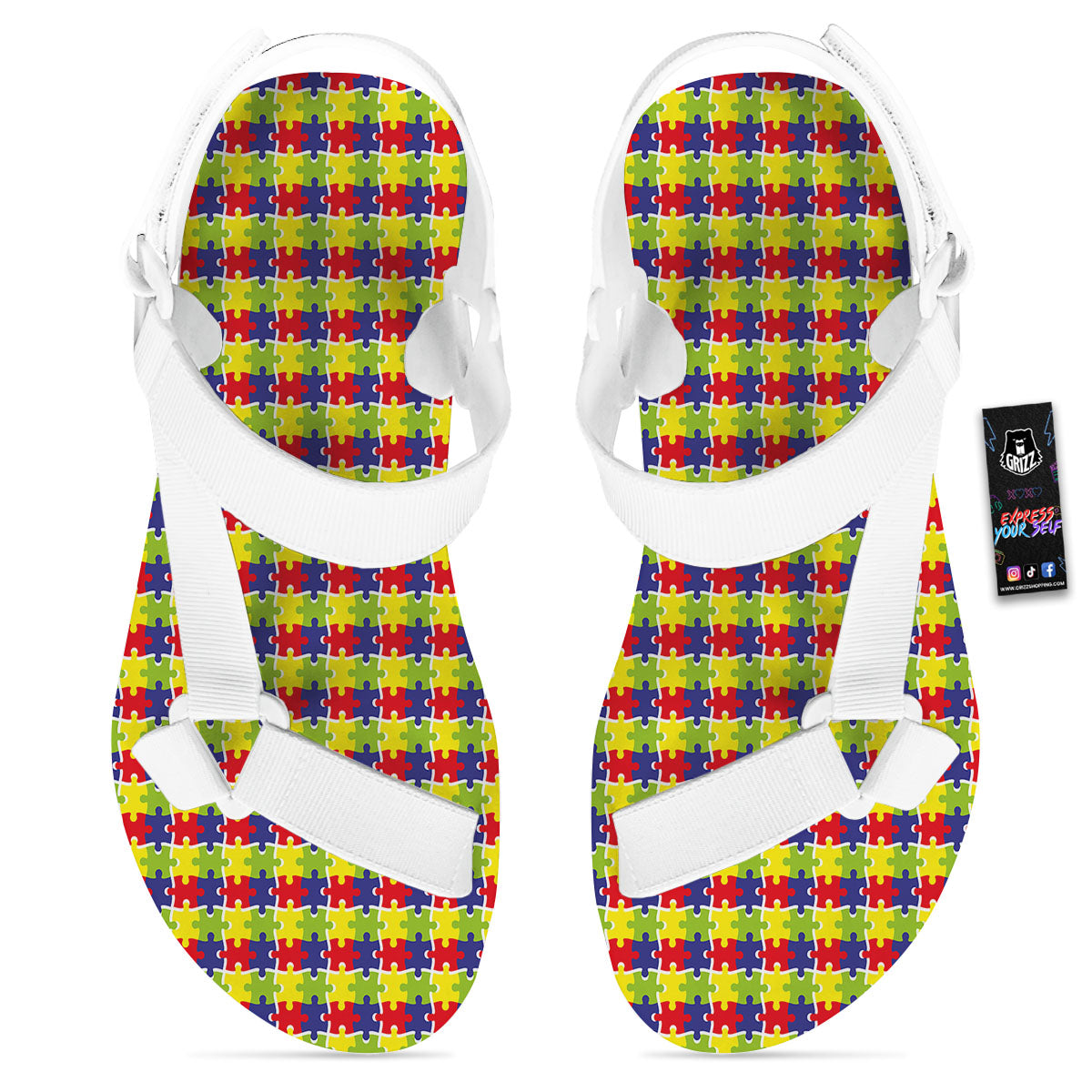 Jigsaw Autism Awareness Print White Open Toe Sandals-grizzshop