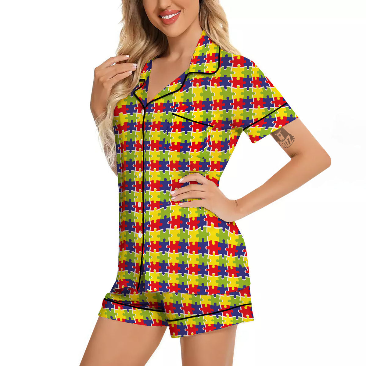Jigsaw Autism Awareness Print Women Silk Pajamas-grizzshop