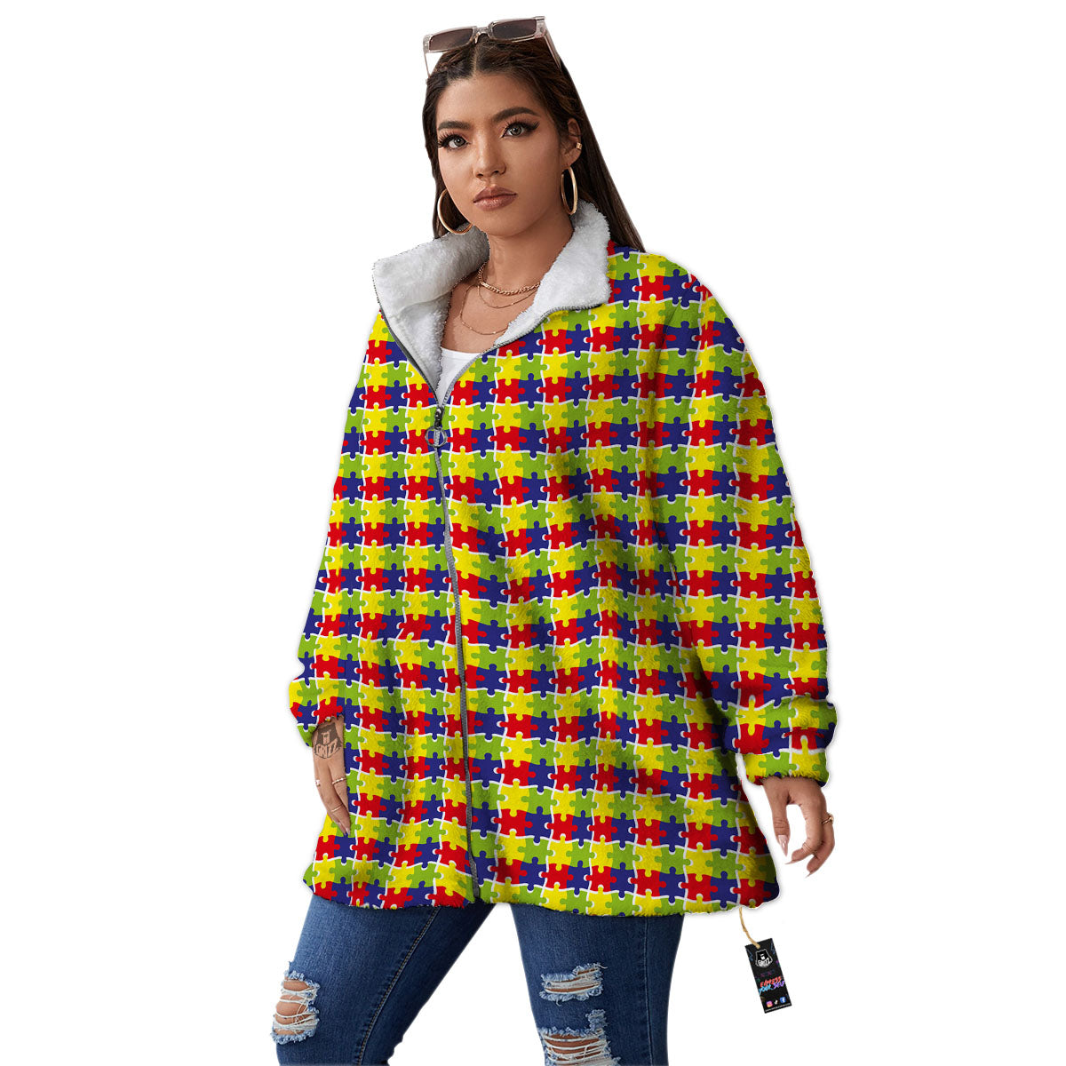 Jigsaw Autism Awareness Print Women's Sherpa Jacket-grizzshop