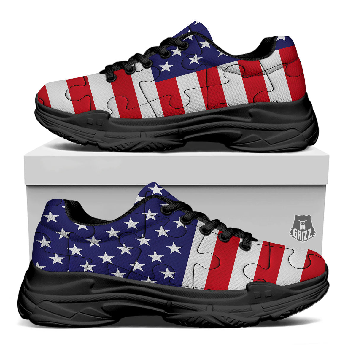 Jigsaw Puzzle American Flag Print Black Chunky Shoes-grizzshop