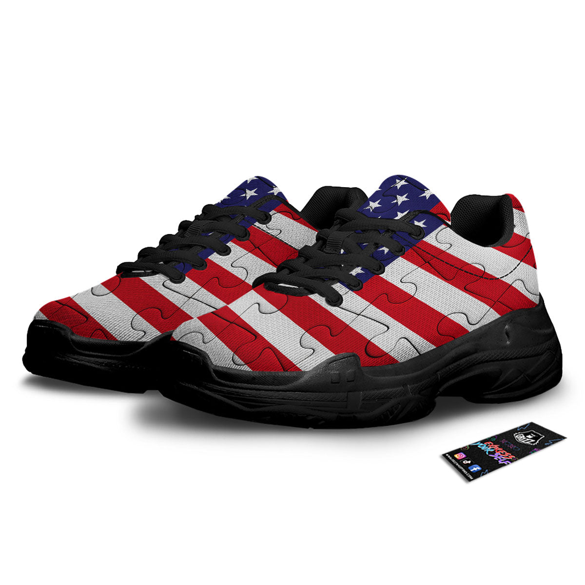 Jigsaw Puzzle American Flag Print Black Chunky Shoes-grizzshop