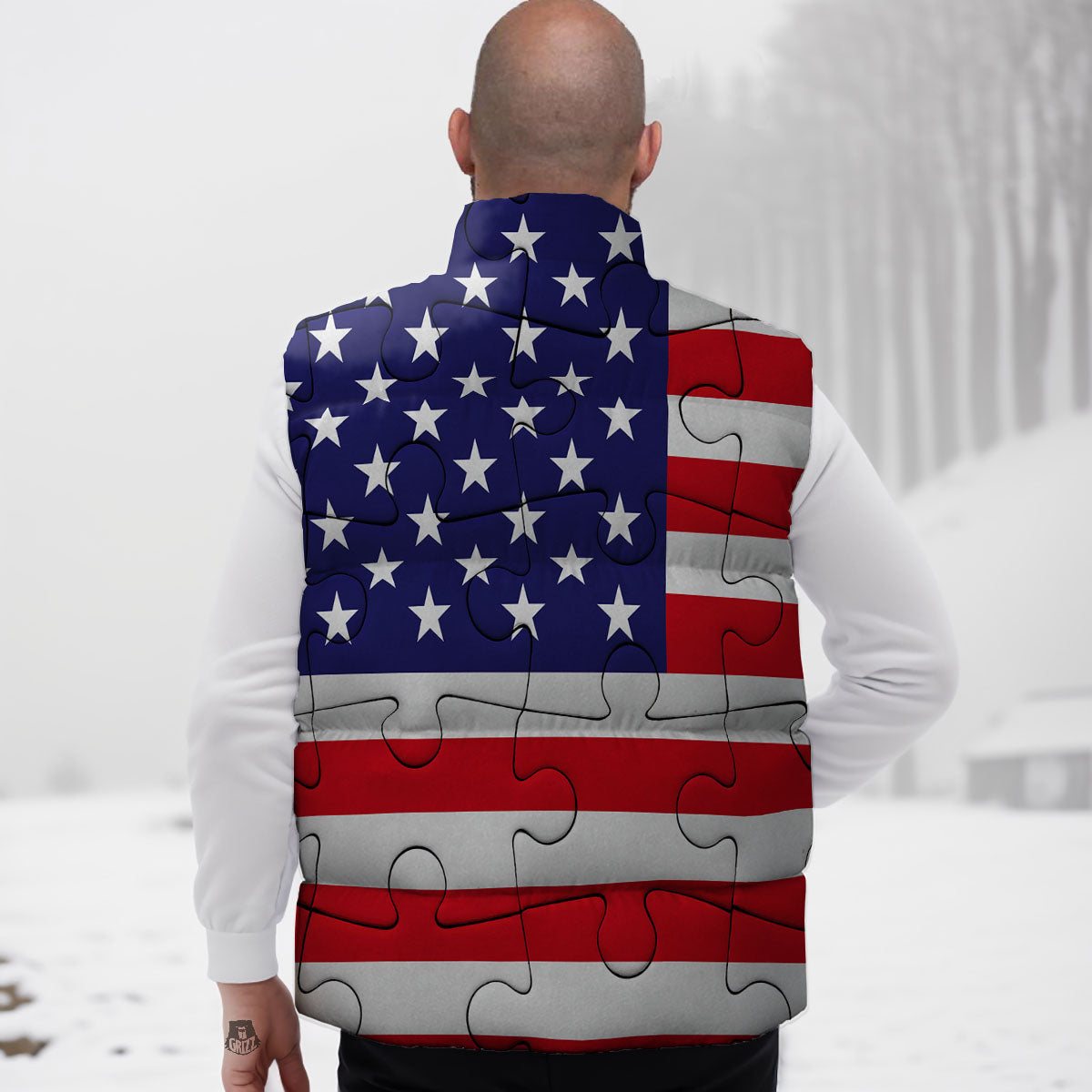 Jigsaw Puzzle American Flag Print Down Vest