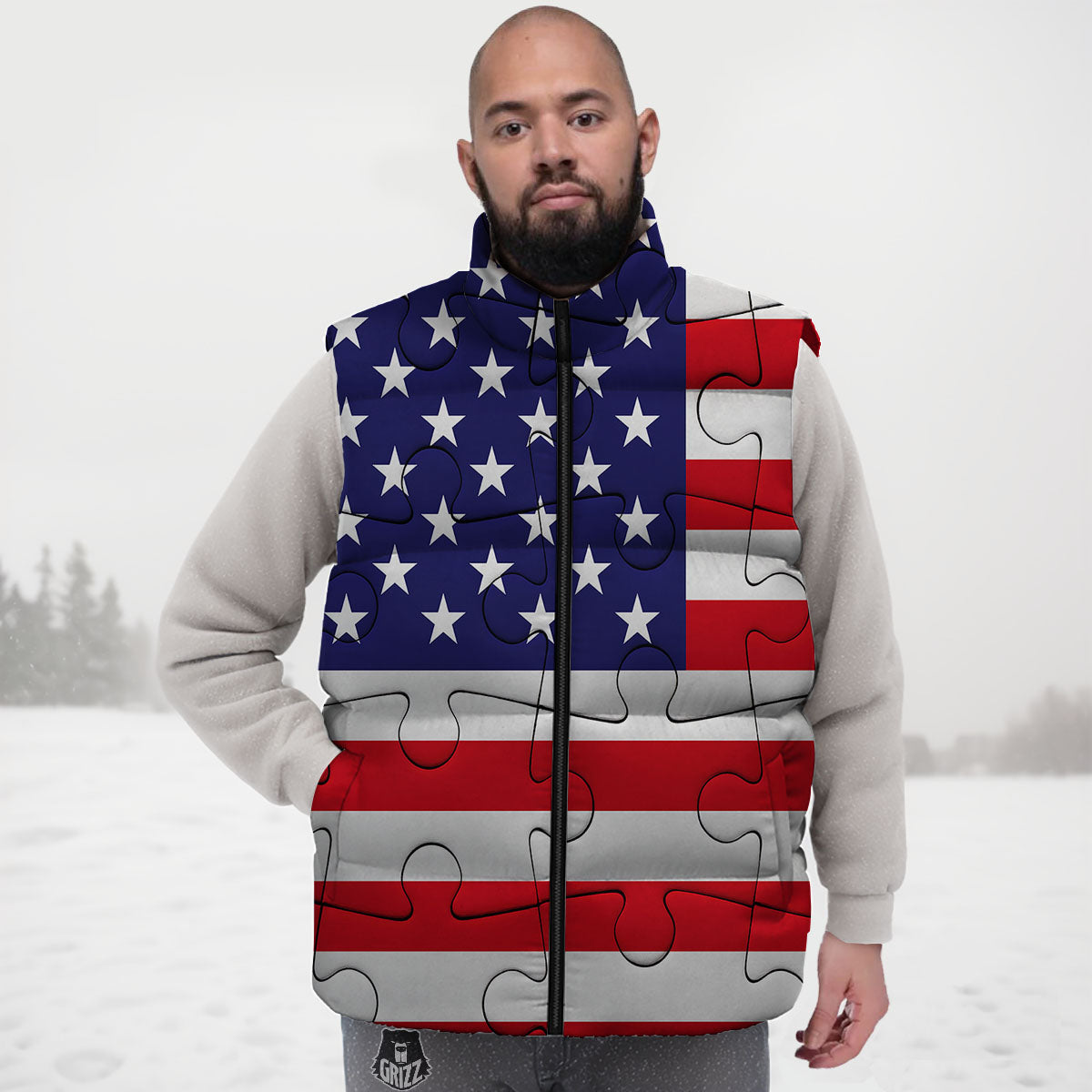 Jigsaw Puzzle American Flag Print Down Vest