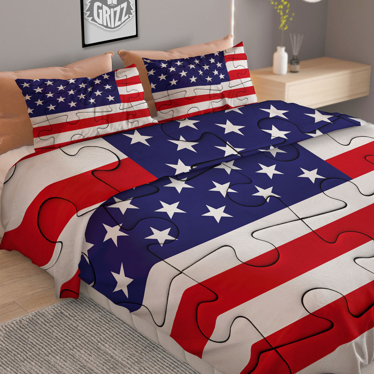 Jigsaw Puzzle American Flag Print Duvet Cover Bedding Set