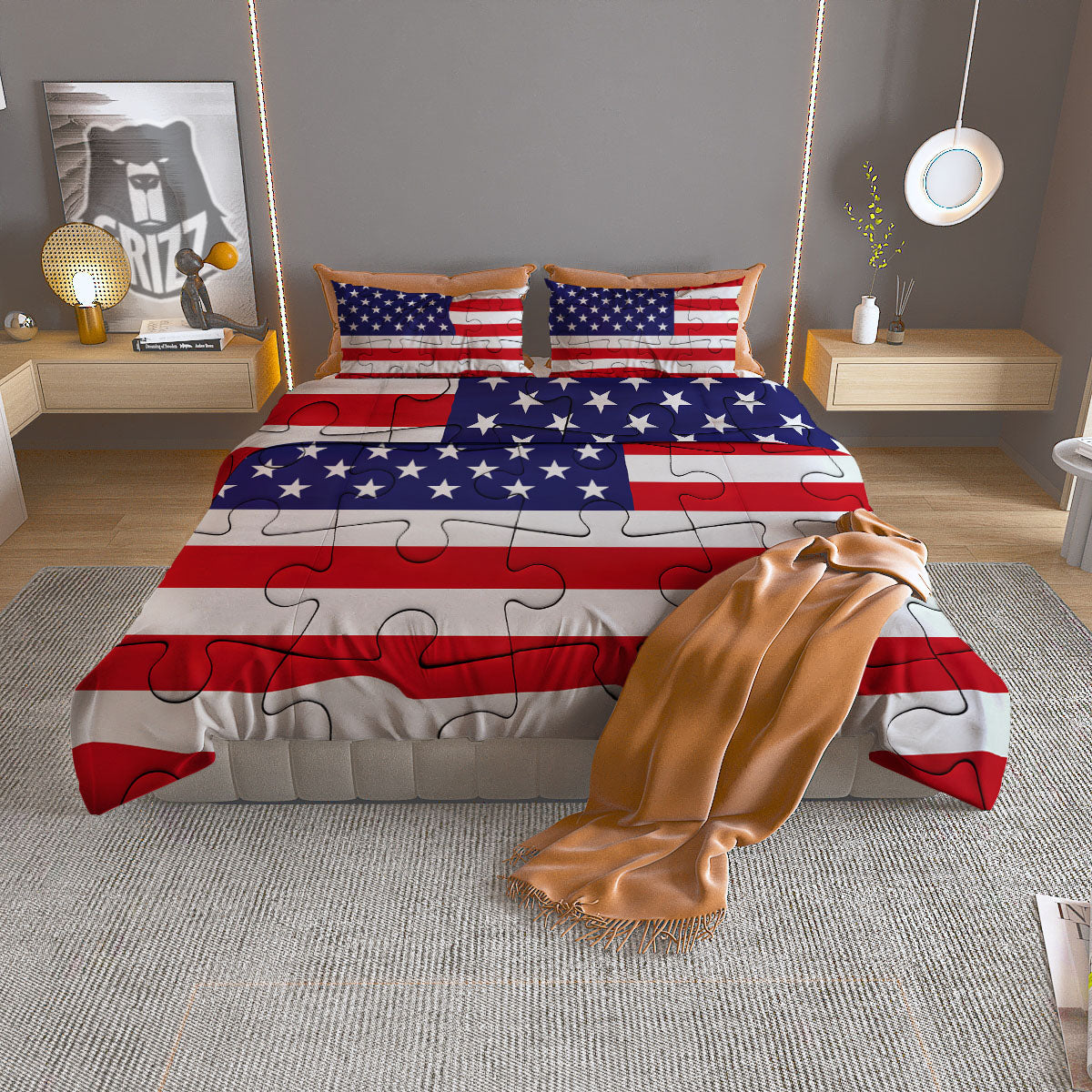 Jigsaw Puzzle American Flag Print Duvet Cover Bedding Set