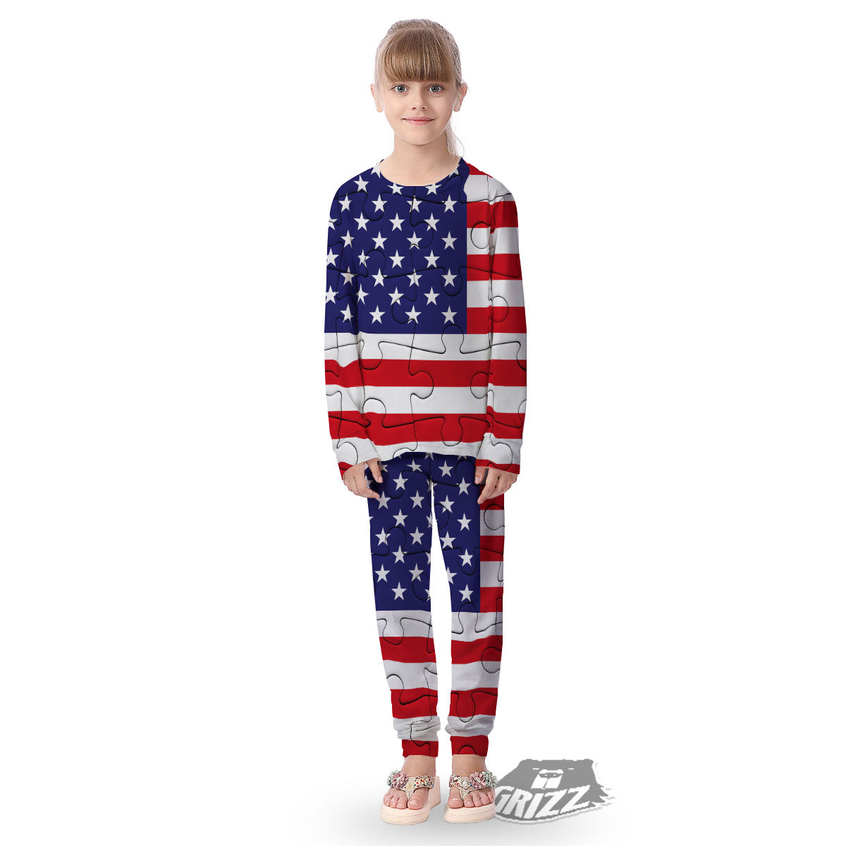 Jigsaw Puzzle American Flag Print Kid's Pajamas-grizzshop
