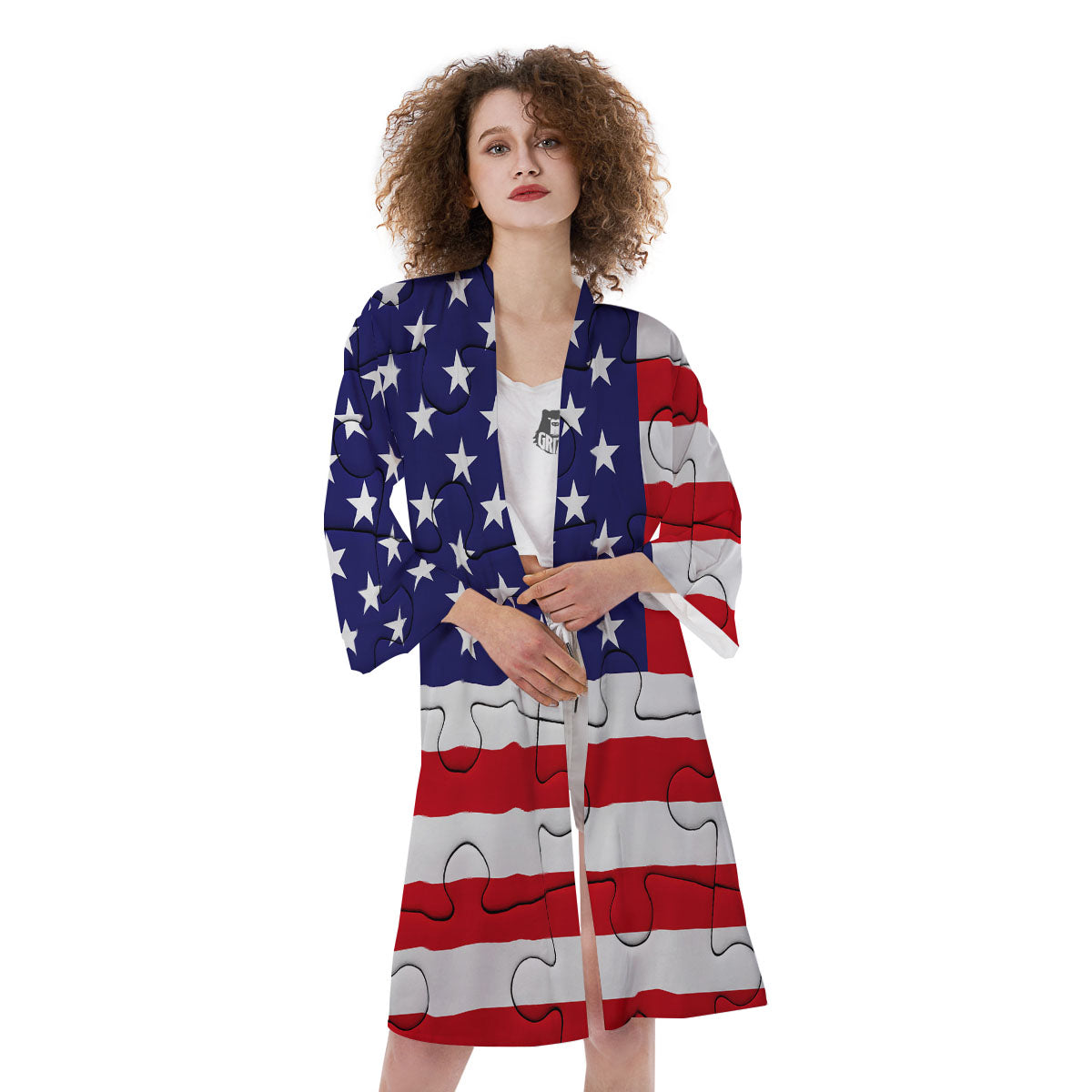 Jigsaw Puzzle American Flag Print Kimono-grizzshop
