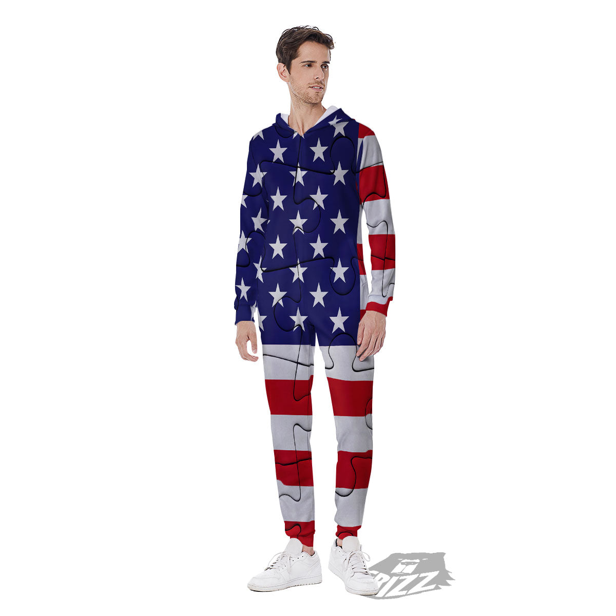 Jigsaw Puzzle American Flag Print Men's Jumpsuit-grizzshop