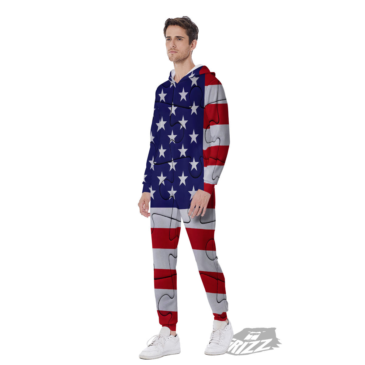 Jigsaw Puzzle American Flag Print Men's Jumpsuit-grizzshop