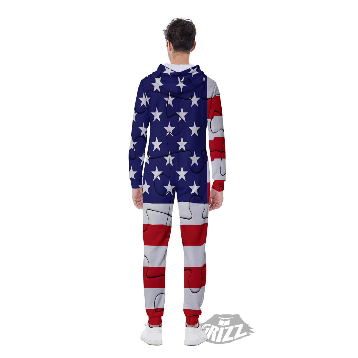 Jigsaw Puzzle American Flag Print Men's Jumpsuit-grizzshop