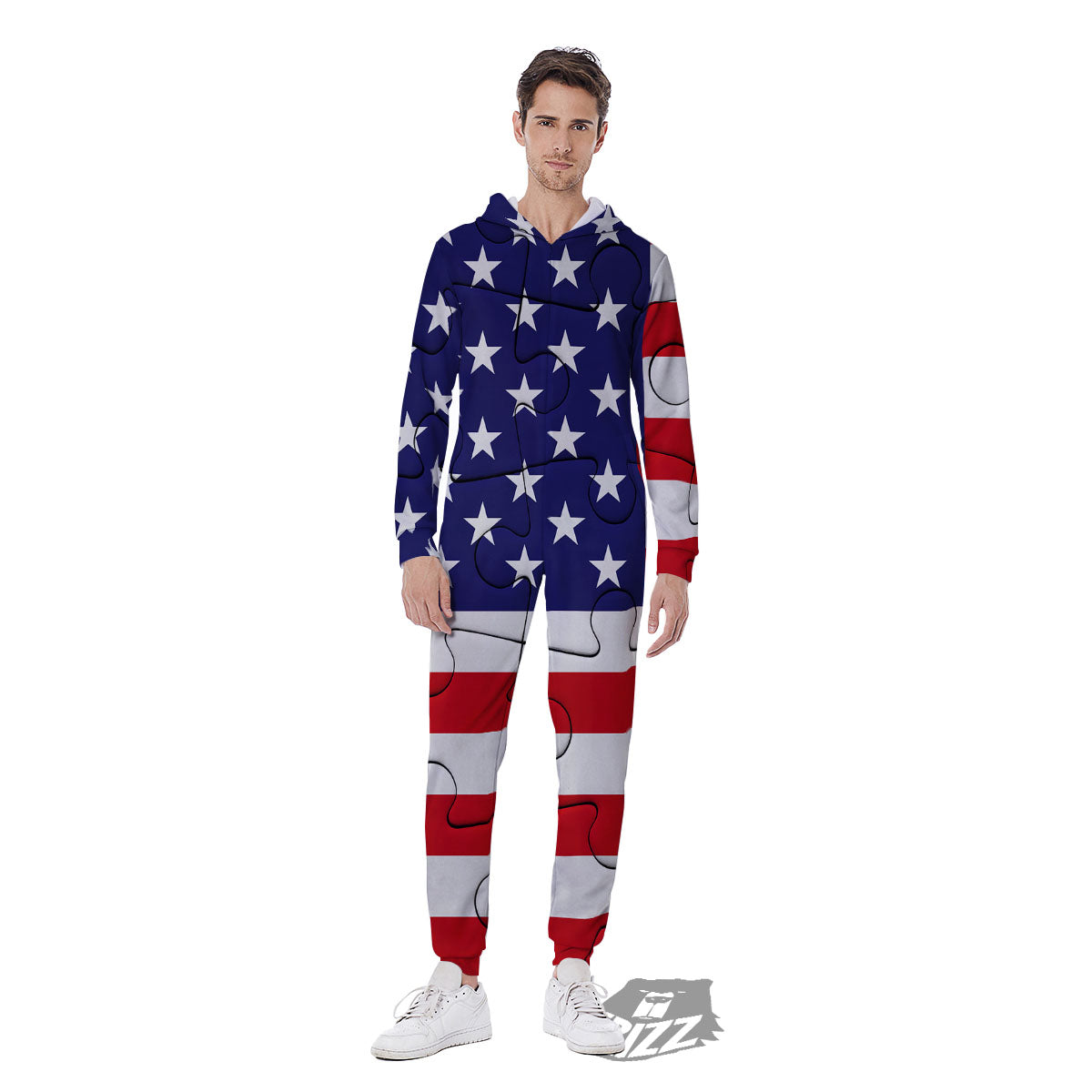 Jigsaw Puzzle American Flag Print Men's Jumpsuit-grizzshop