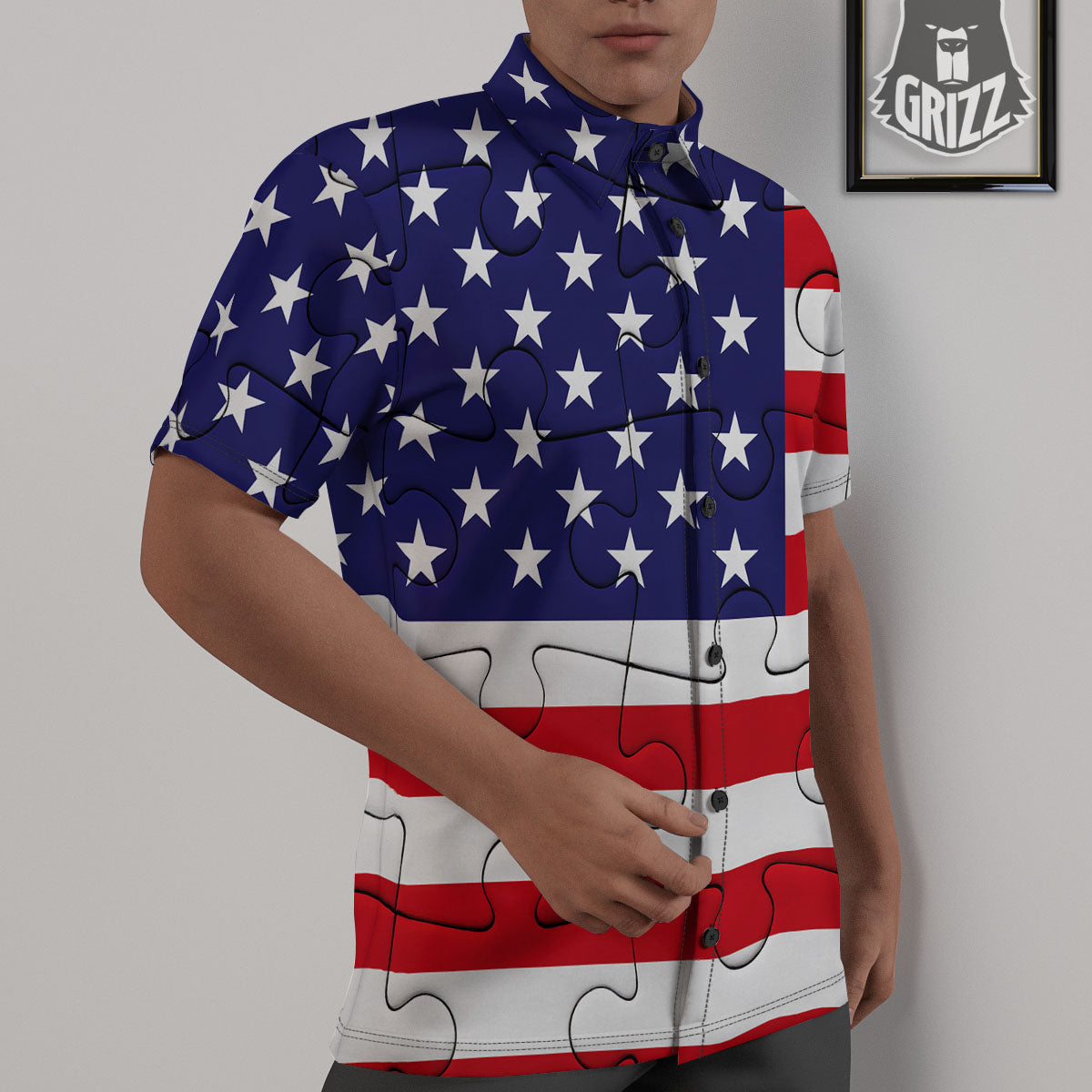 Jigsaw Puzzle American Flag Print Untucked Shirts-grizzshop