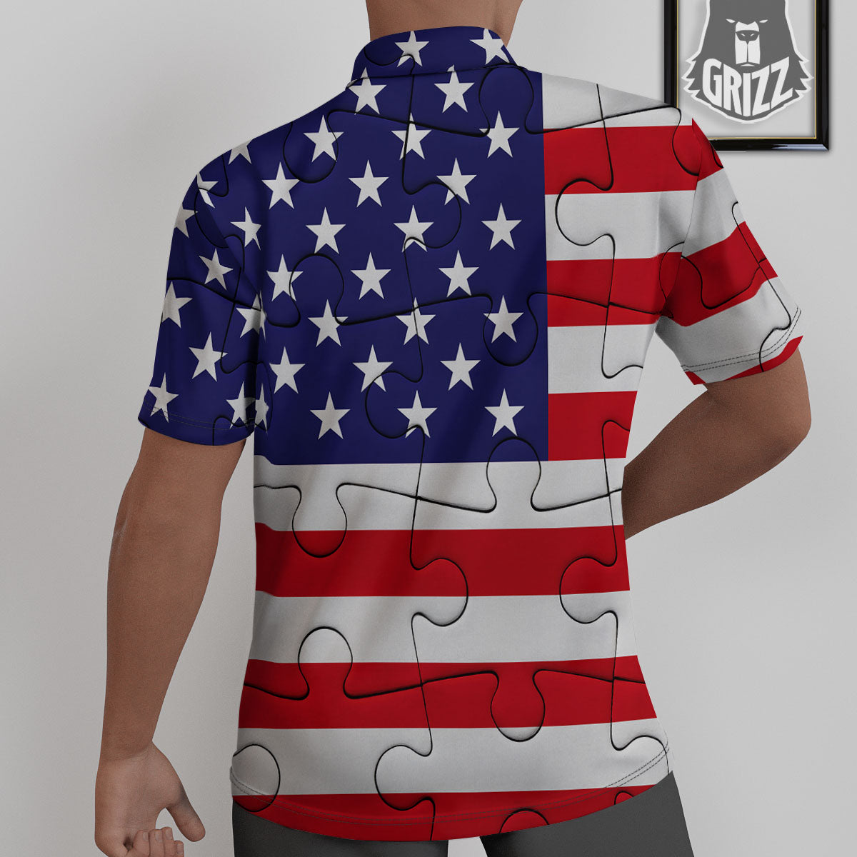Jigsaw Puzzle American Flag Print Untucked Shirts-grizzshop
