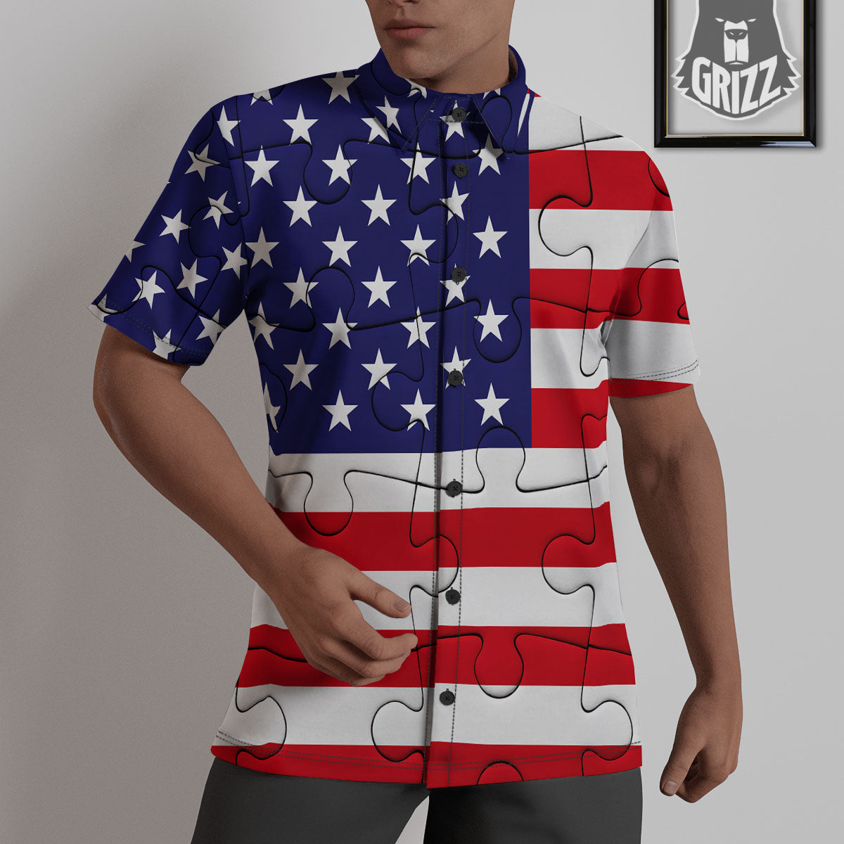 Jigsaw Puzzle American Flag Print Untucked Shirts-grizzshop