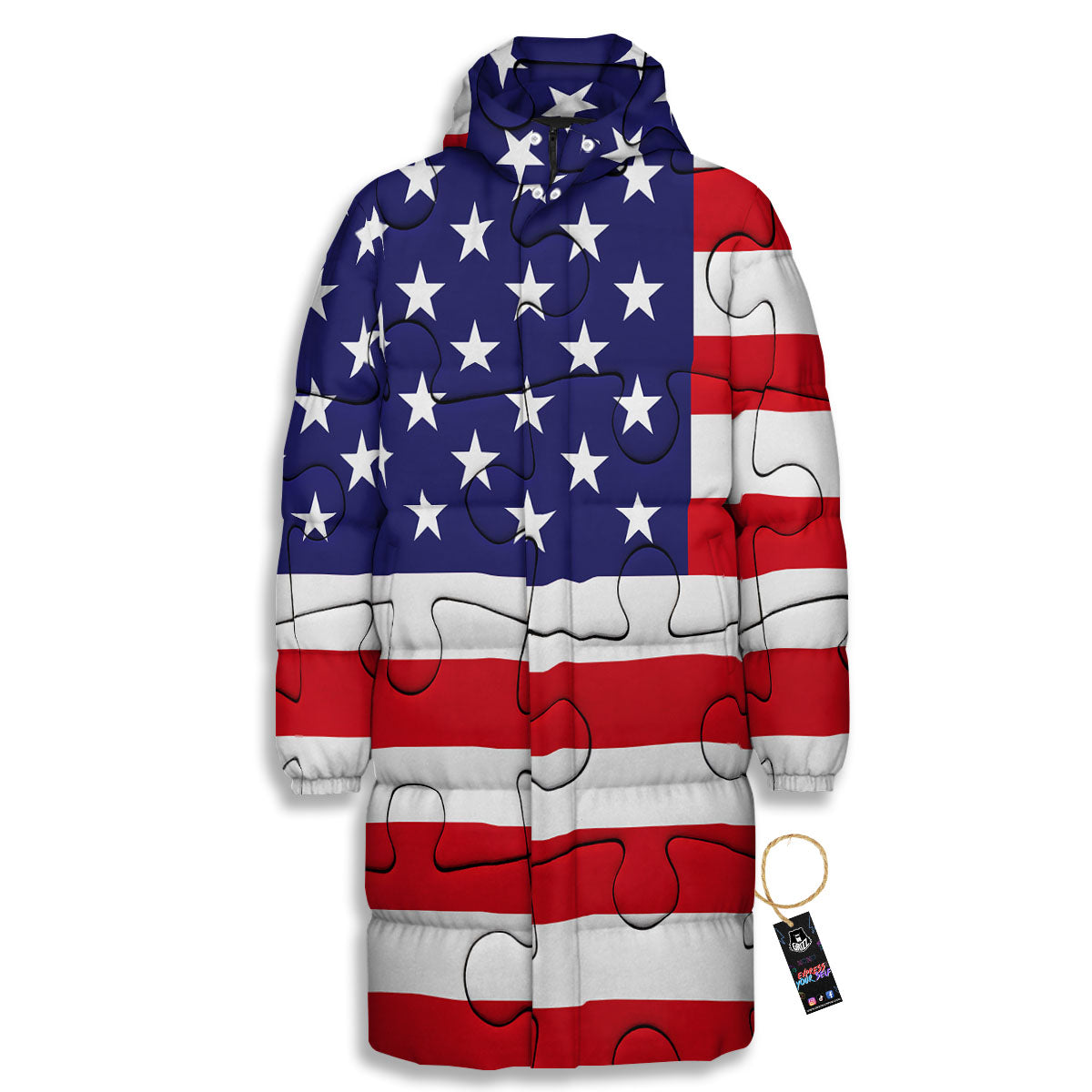 Jigsaw Puzzle American Flag Print Long Down Jacket
