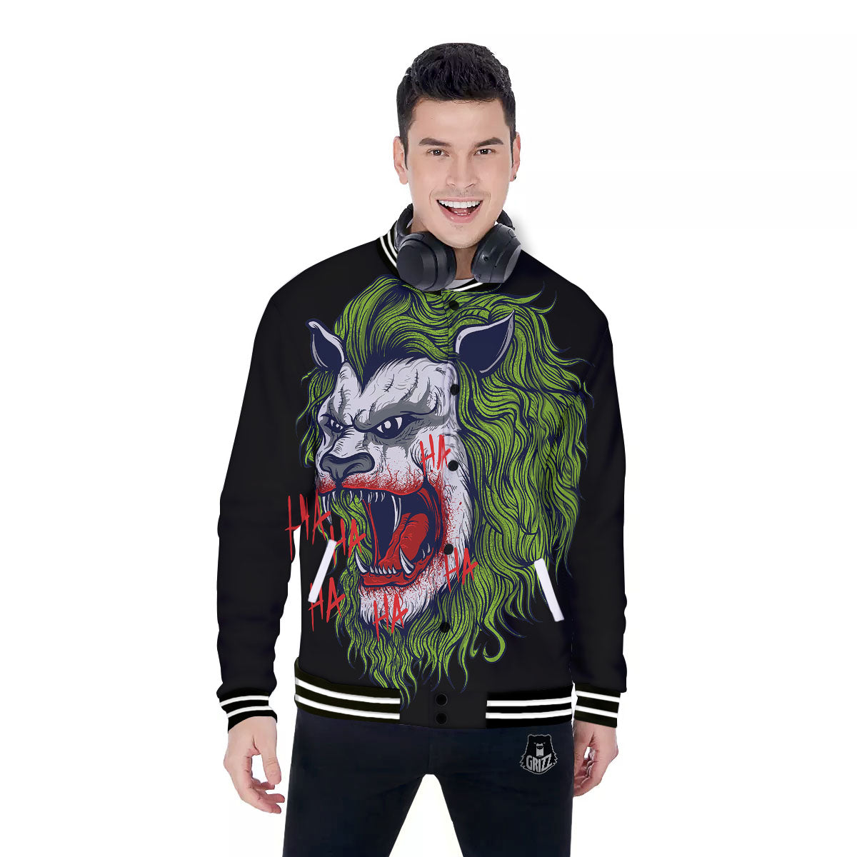 Joker Lion Print Baseball Jacket-grizzshop