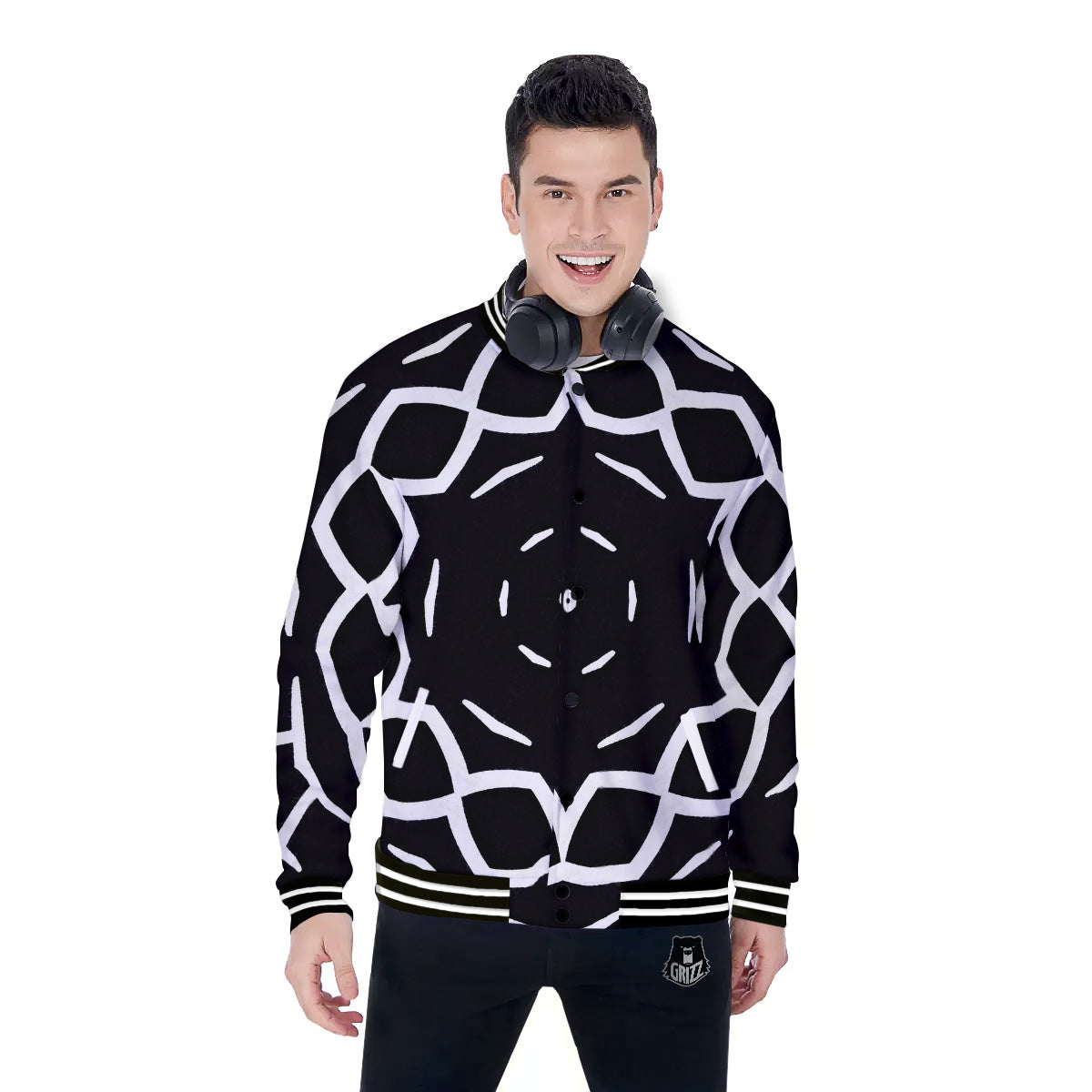Kaleidoscope Black Print Baseball Jacket-grizzshop