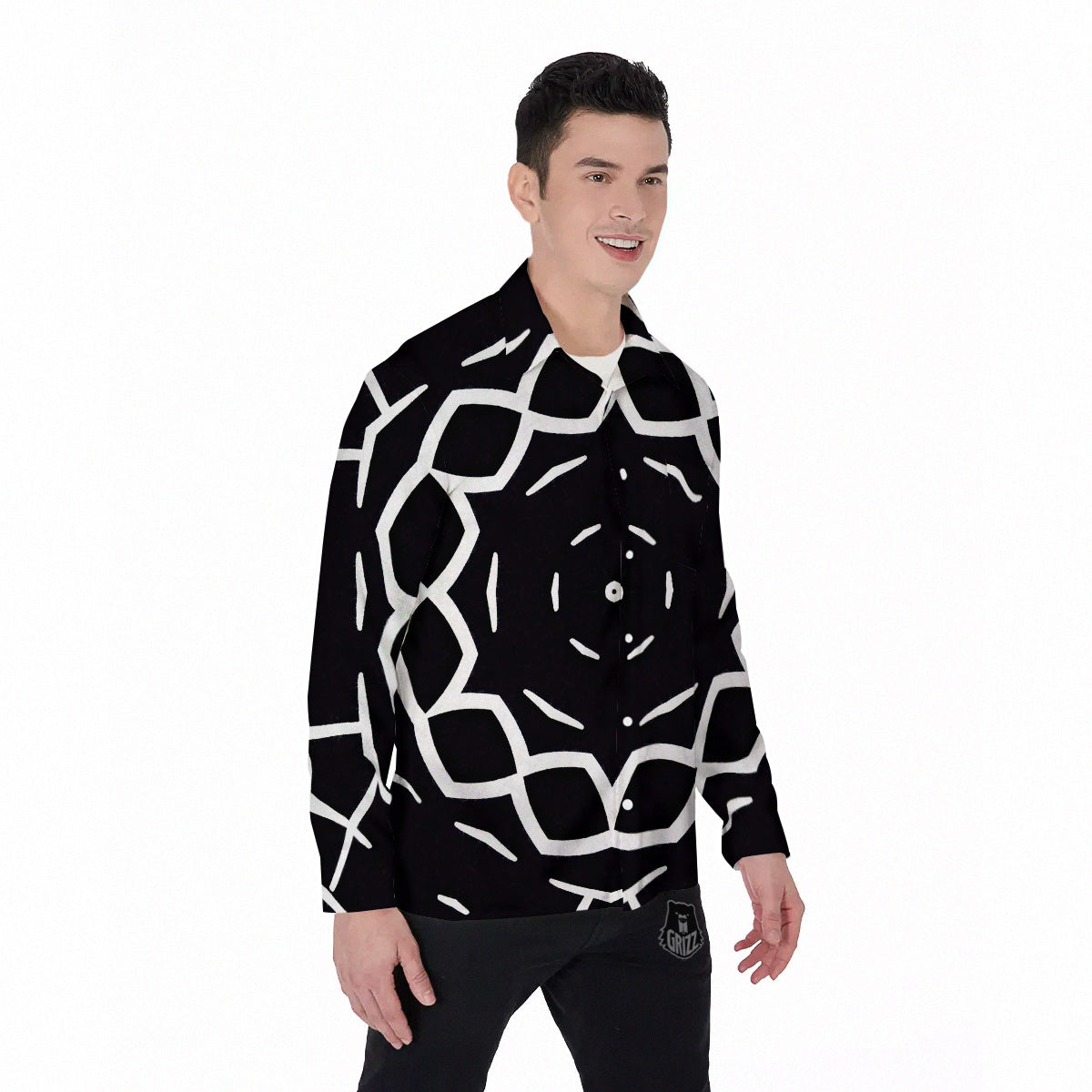 Kaleidoscope Black Print Men's Long Sleeve Shirts-grizzshop