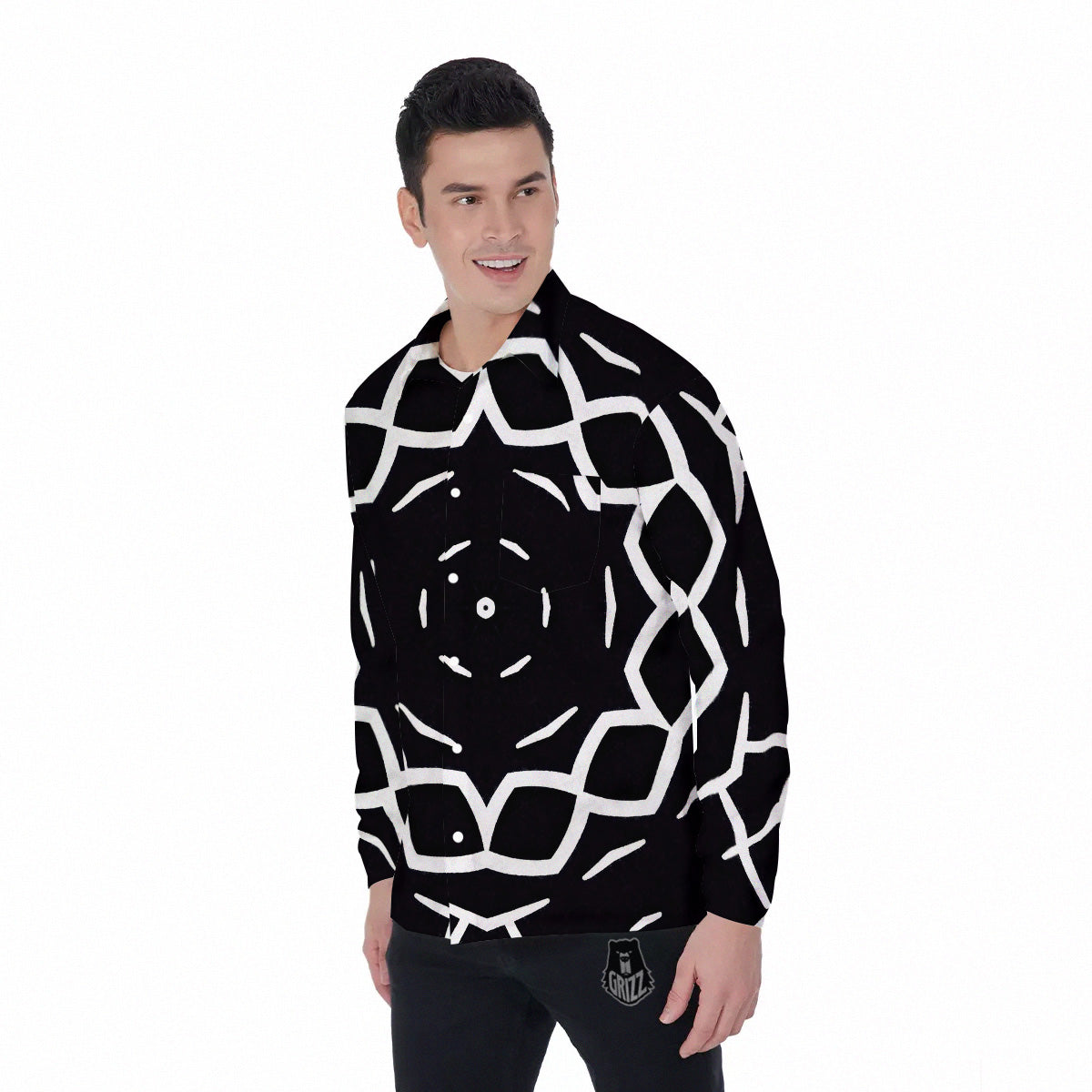 Kaleidoscope Black Print Men's Long Sleeve Shirts-grizzshop