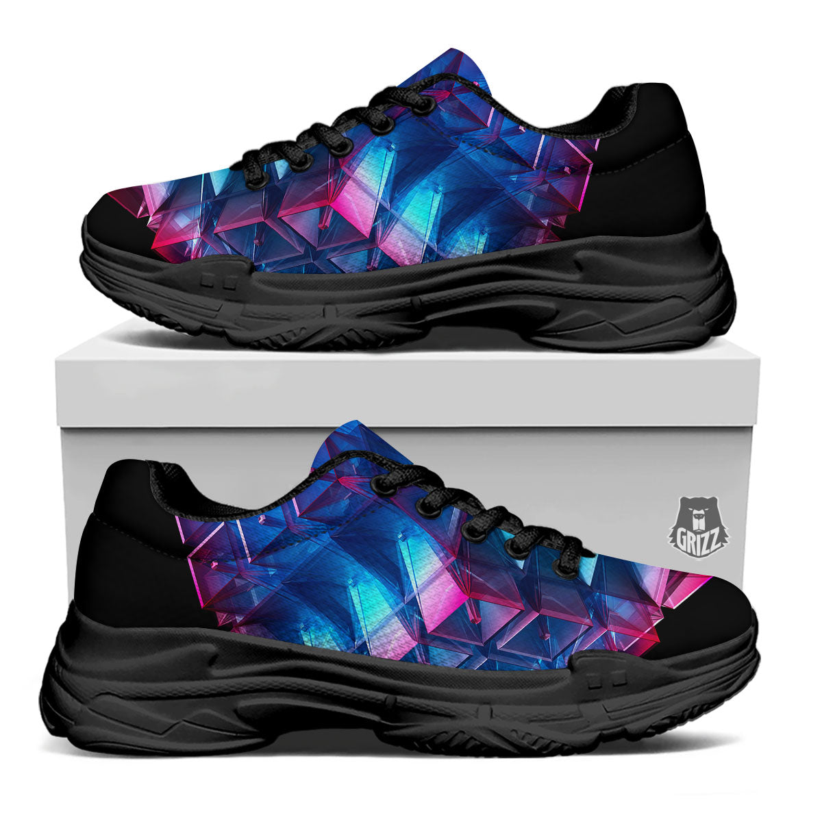 Kaleidoscope Blue And Purple Print Black Chunky Shoes-grizzshop