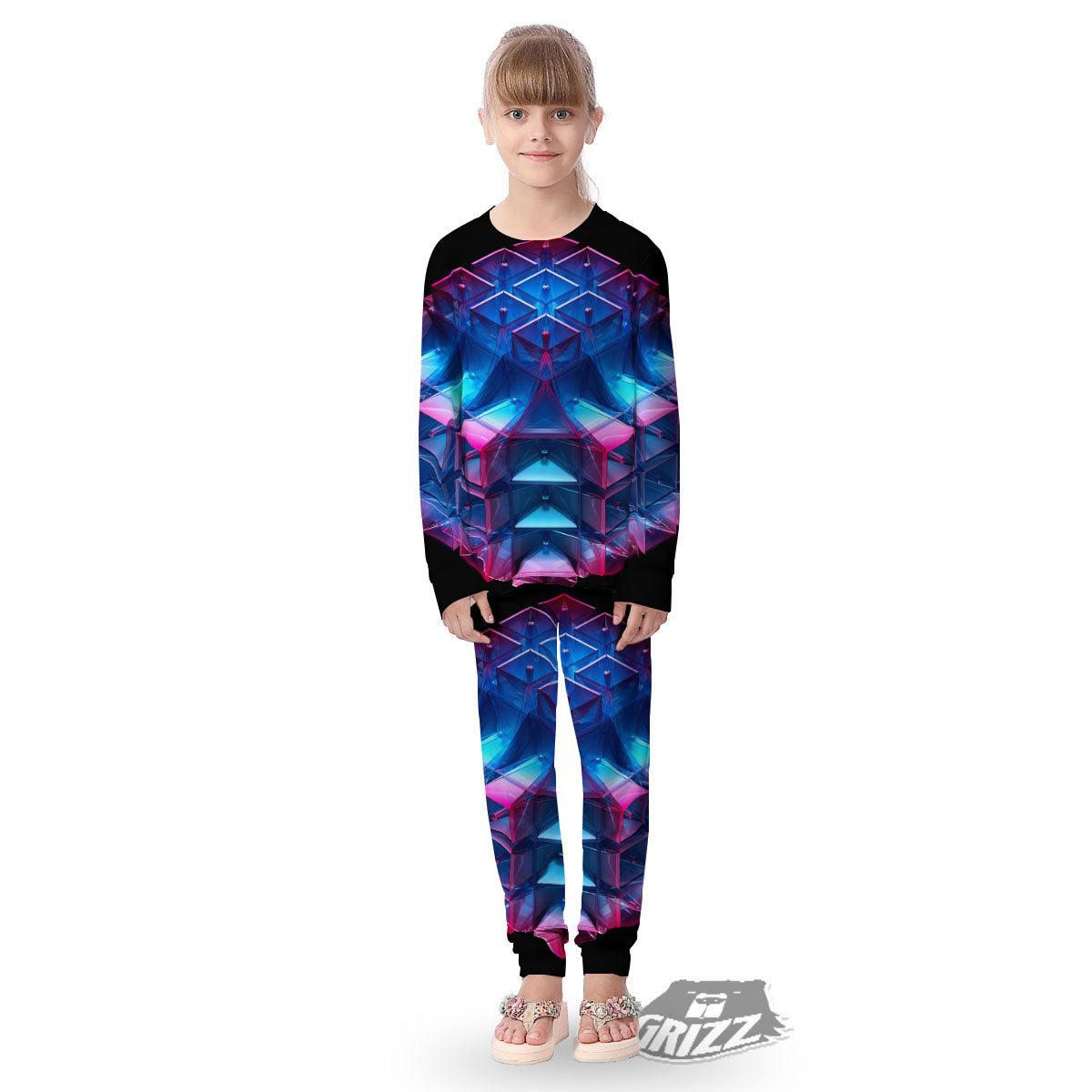 Kaleidoscope Blue And Purple Print Kid's Pajamas-grizzshop