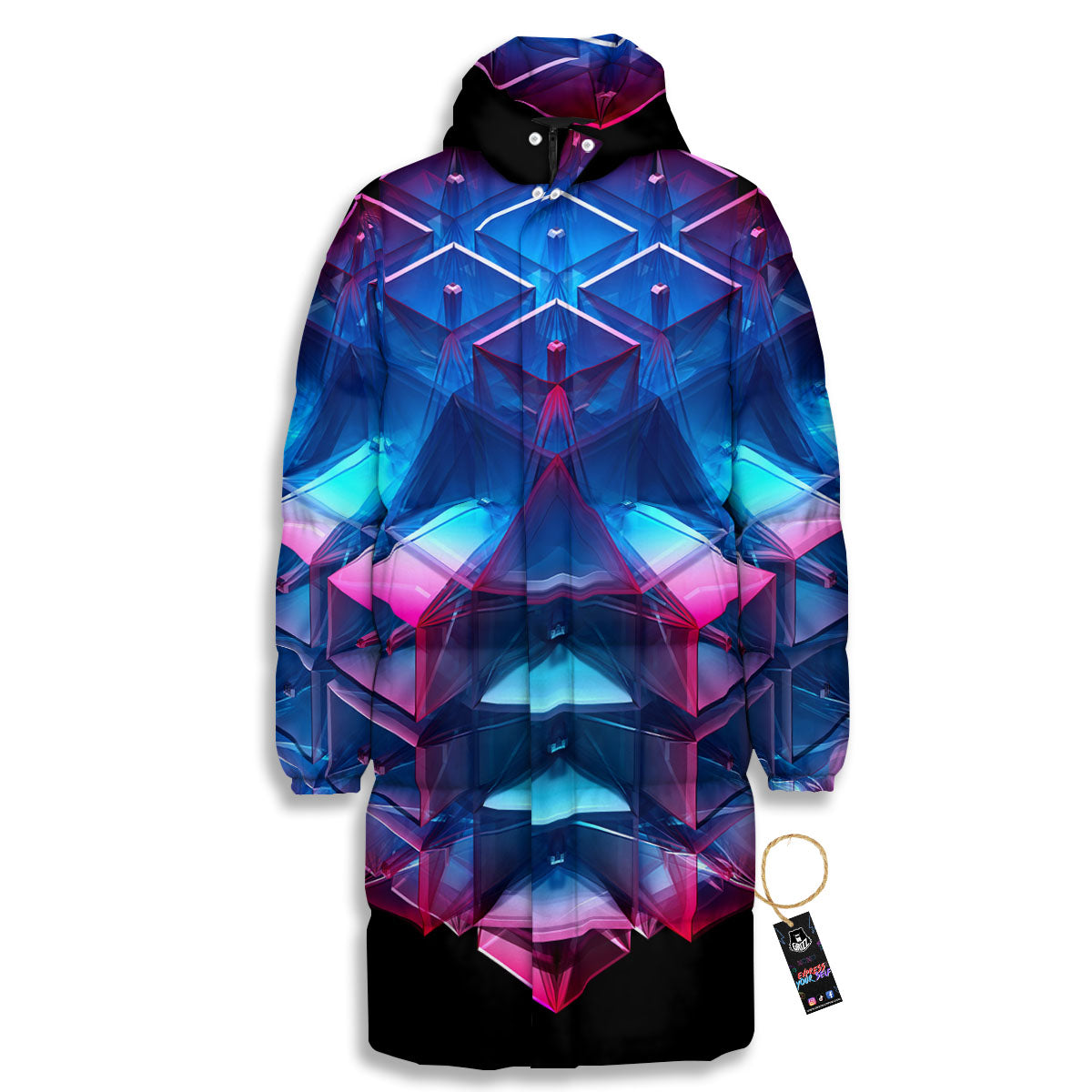 Kaleidoscope Blue And Purple Print Long Down Jacket-grizzshop