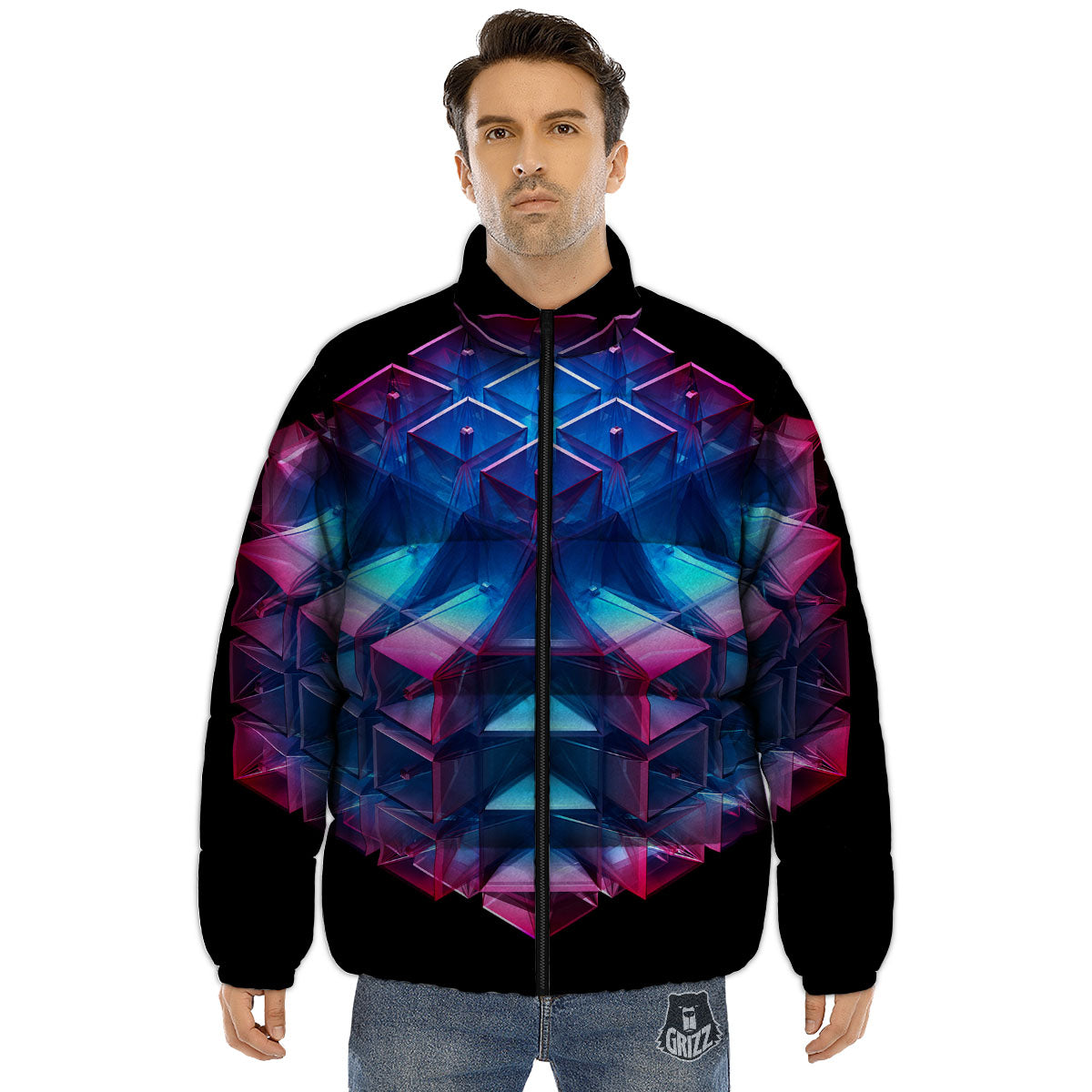 Kaleidoscope Blue And Purple Print Puffer Jacket-grizzshop