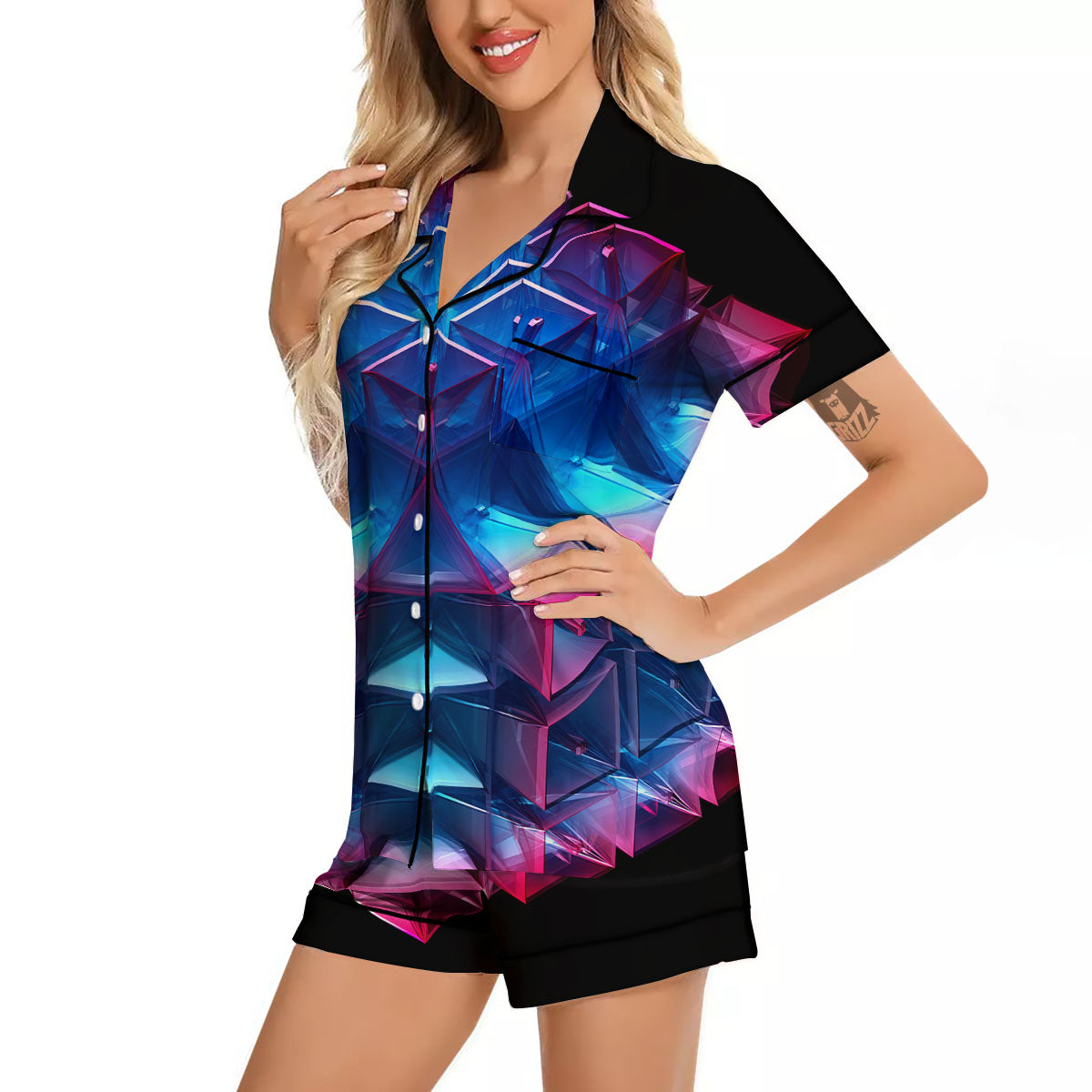 Kaleidoscope Blue And Purple Print Women Silk Pajamas-grizzshop
