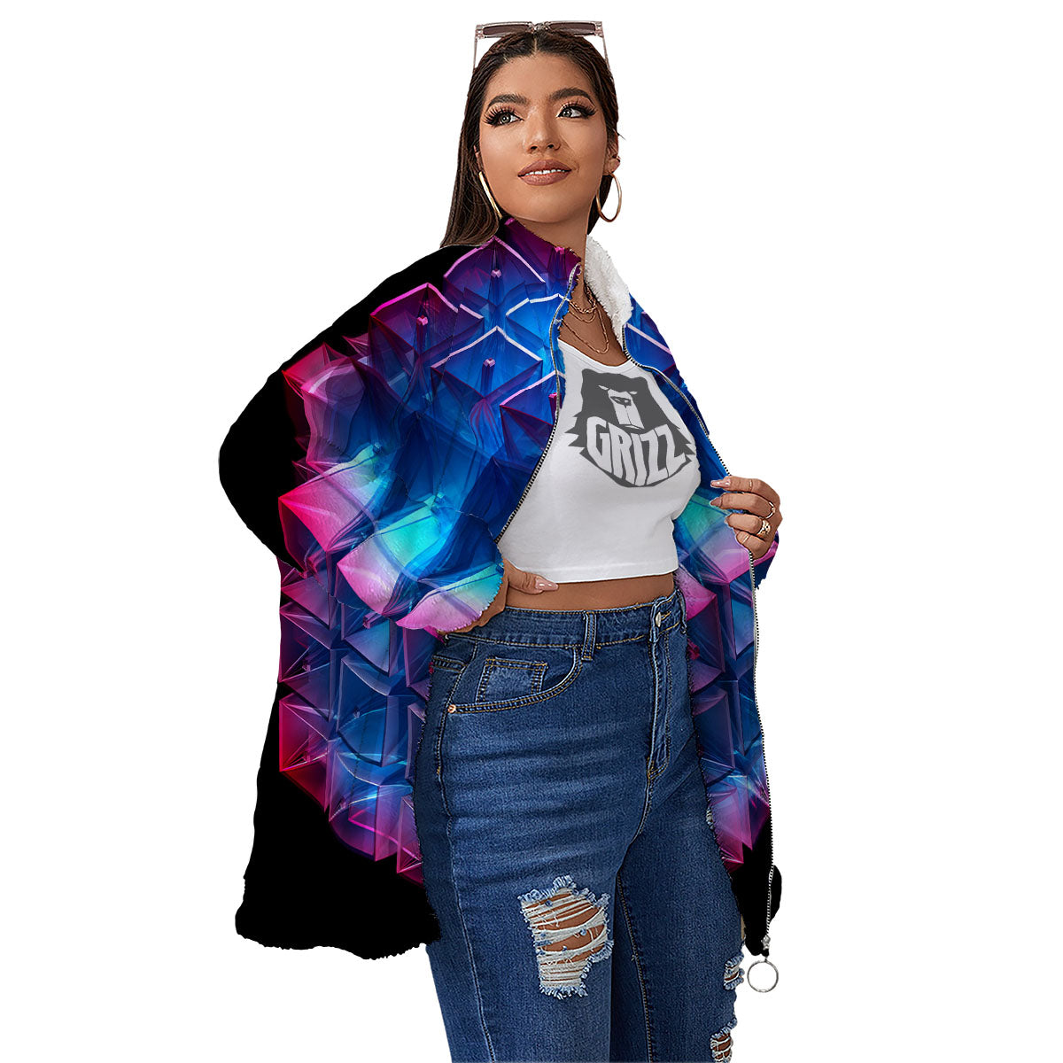 Kaleidoscope Blue And Purple Print Women's Sherpa Jacket-grizzshop