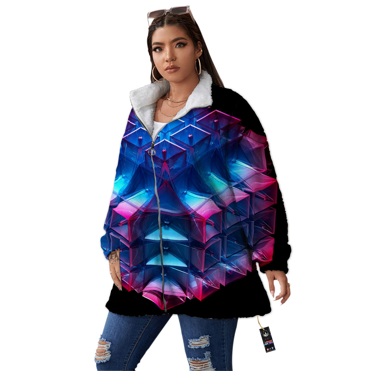Kaleidoscope Blue And Purple Print Women's Sherpa Jacket-grizzshop