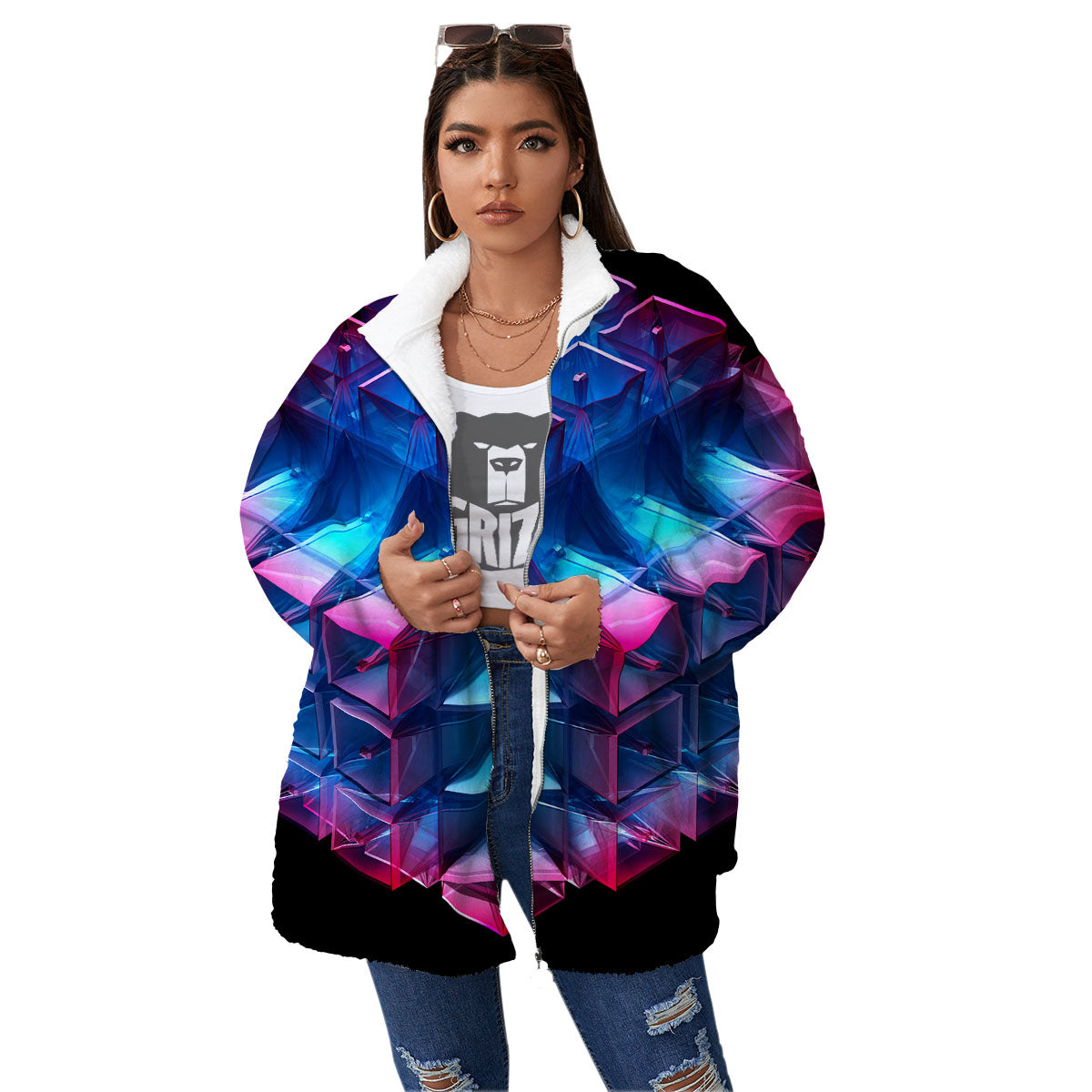 Kaleidoscope Blue And Purple Print Women's Sherpa Jacket-grizzshop