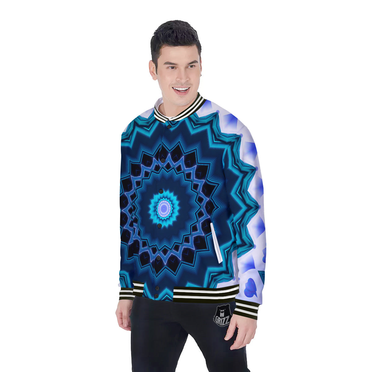 Kaleidoscope Blue Crystal Print Baseball Jacket-grizzshop