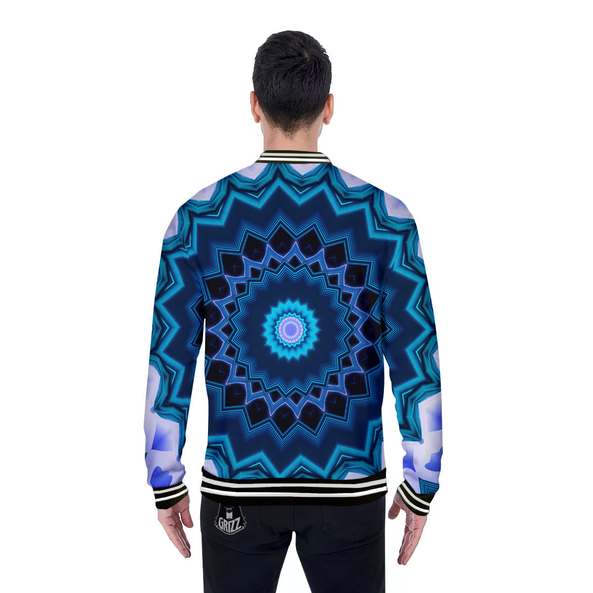 Kaleidoscope Blue Crystal Print Baseball Jacket-grizzshop