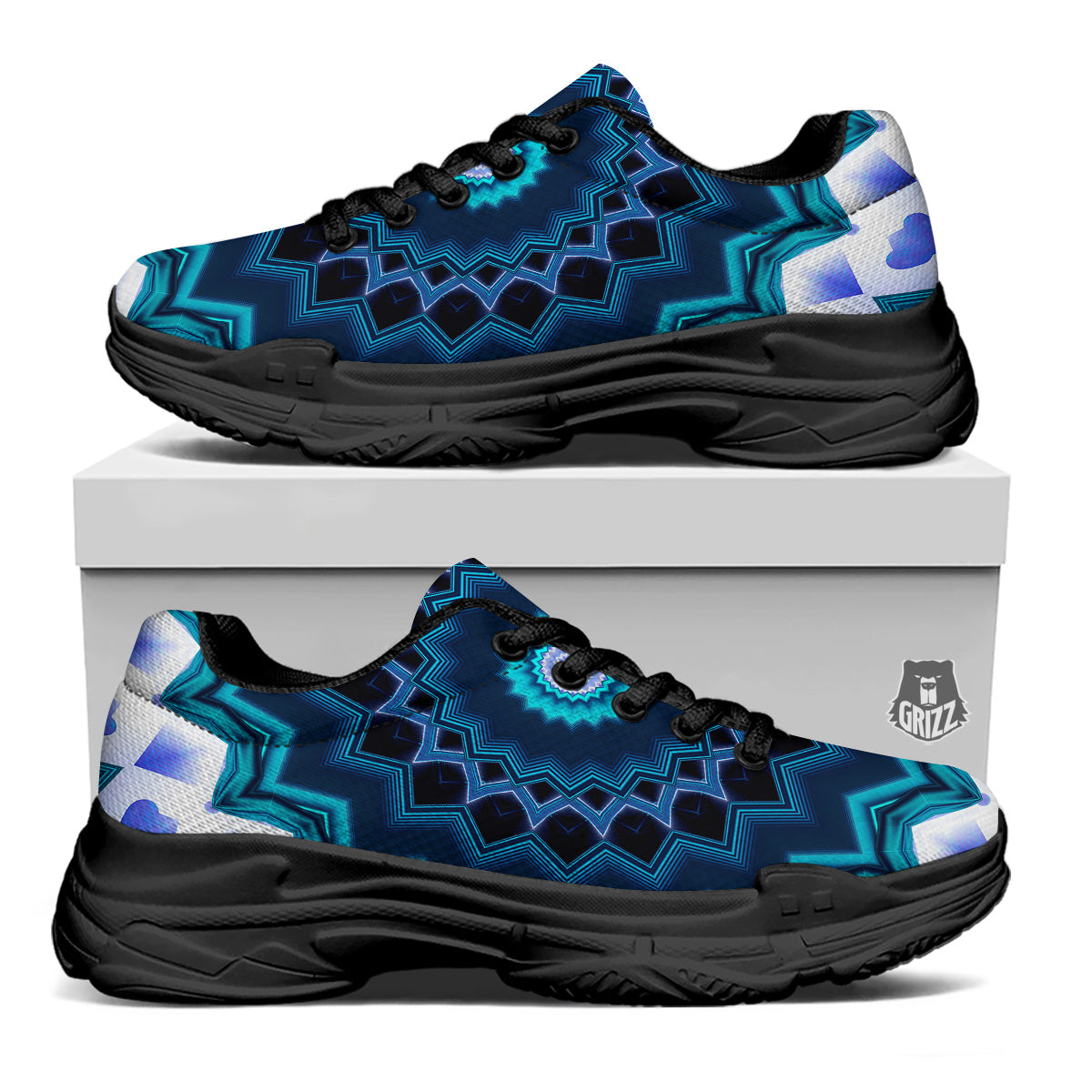 Kaleidoscope Blue Crystal Print Black Chunky Shoes-grizzshop