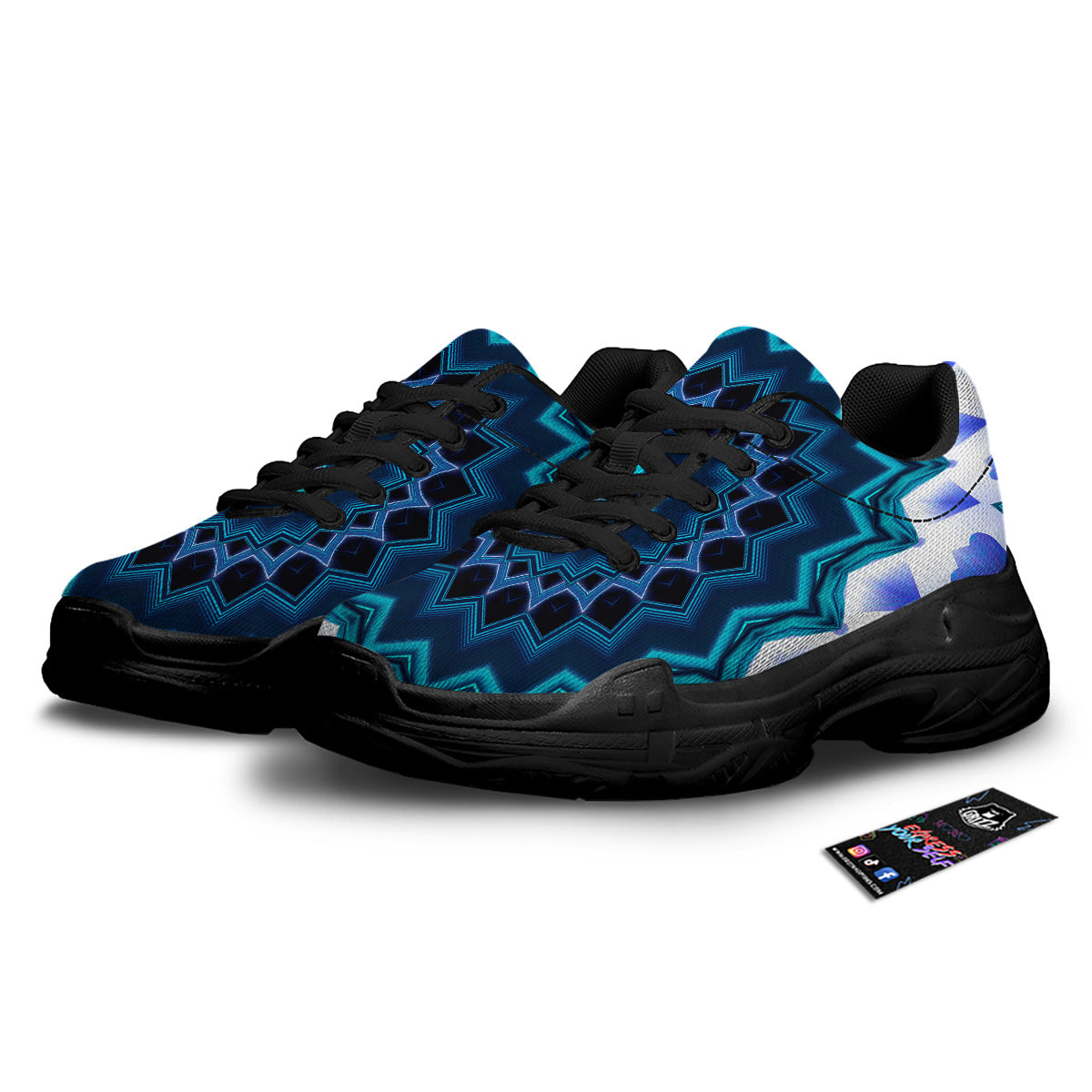 Kaleidoscope Blue Crystal Print Black Chunky Shoes-grizzshop