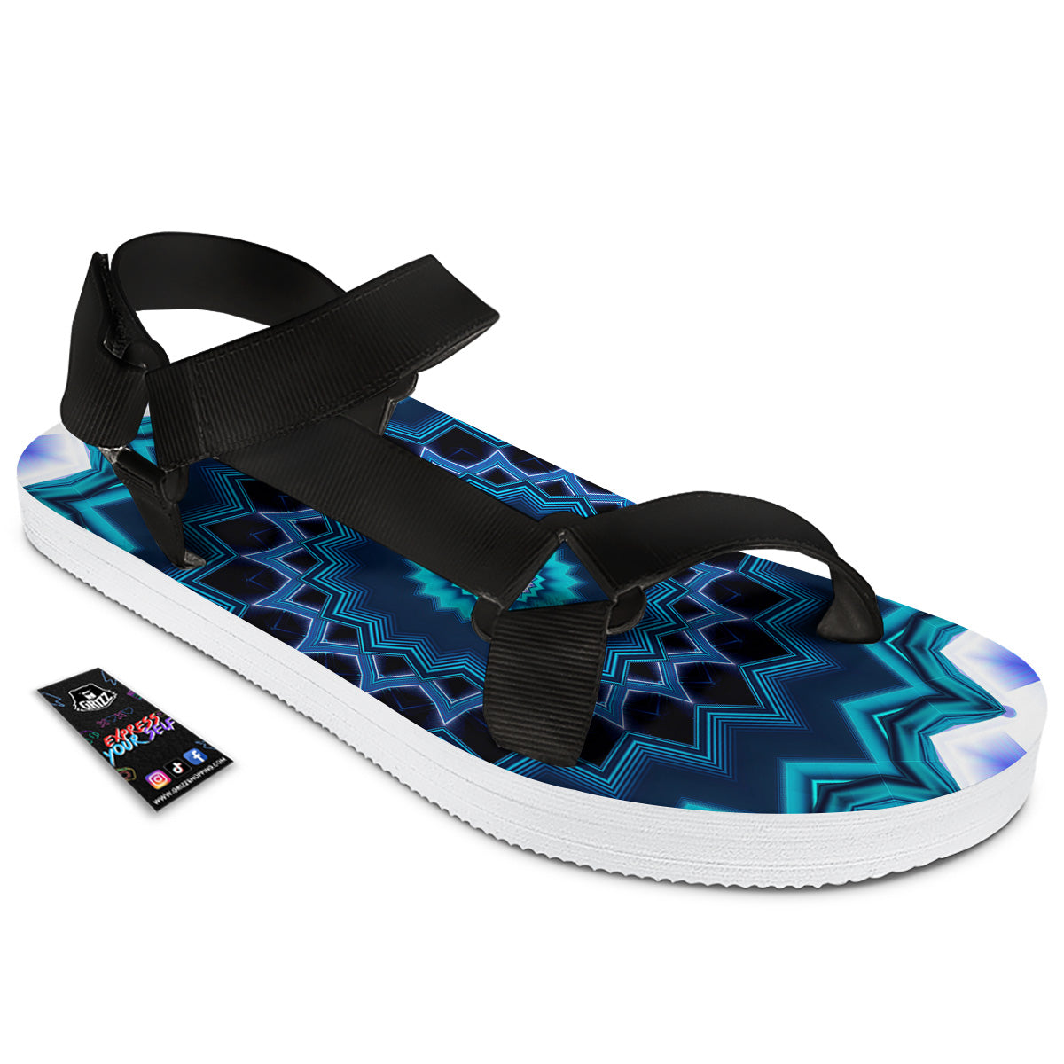 Kaleidoscope Blue Crystal Print Black Open Toe Sandals-grizzshop