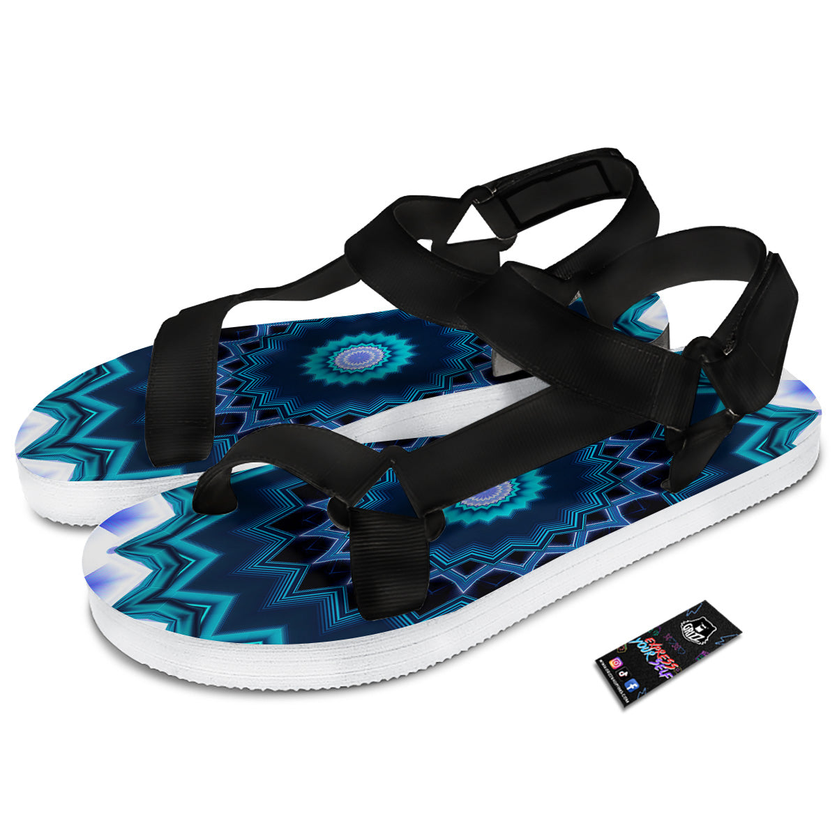 Kaleidoscope Blue Crystal Print Black Open Toe Sandals-grizzshop