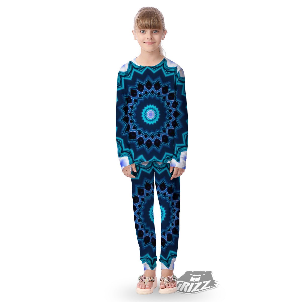Kaleidoscope Blue Crystal Print Kid's Pajamas-grizzshop