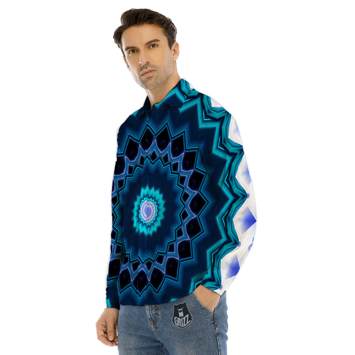 Kaleidoscope Blue Crystal Print Men's Dress Shirts-grizzshop