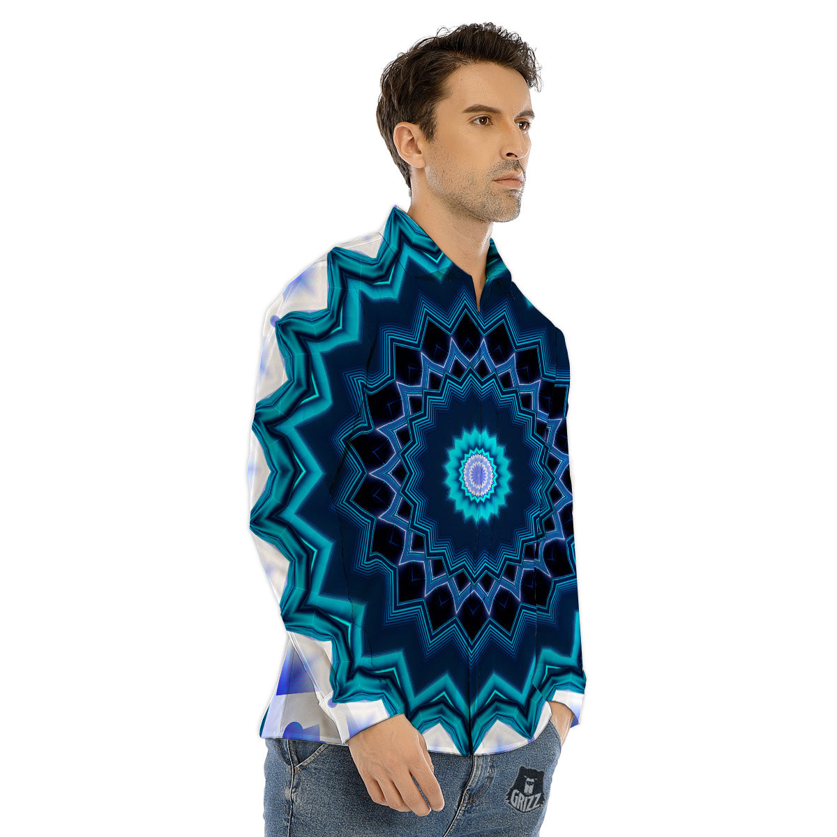 Kaleidoscope Blue Crystal Print Men's Dress Shirts-grizzshop