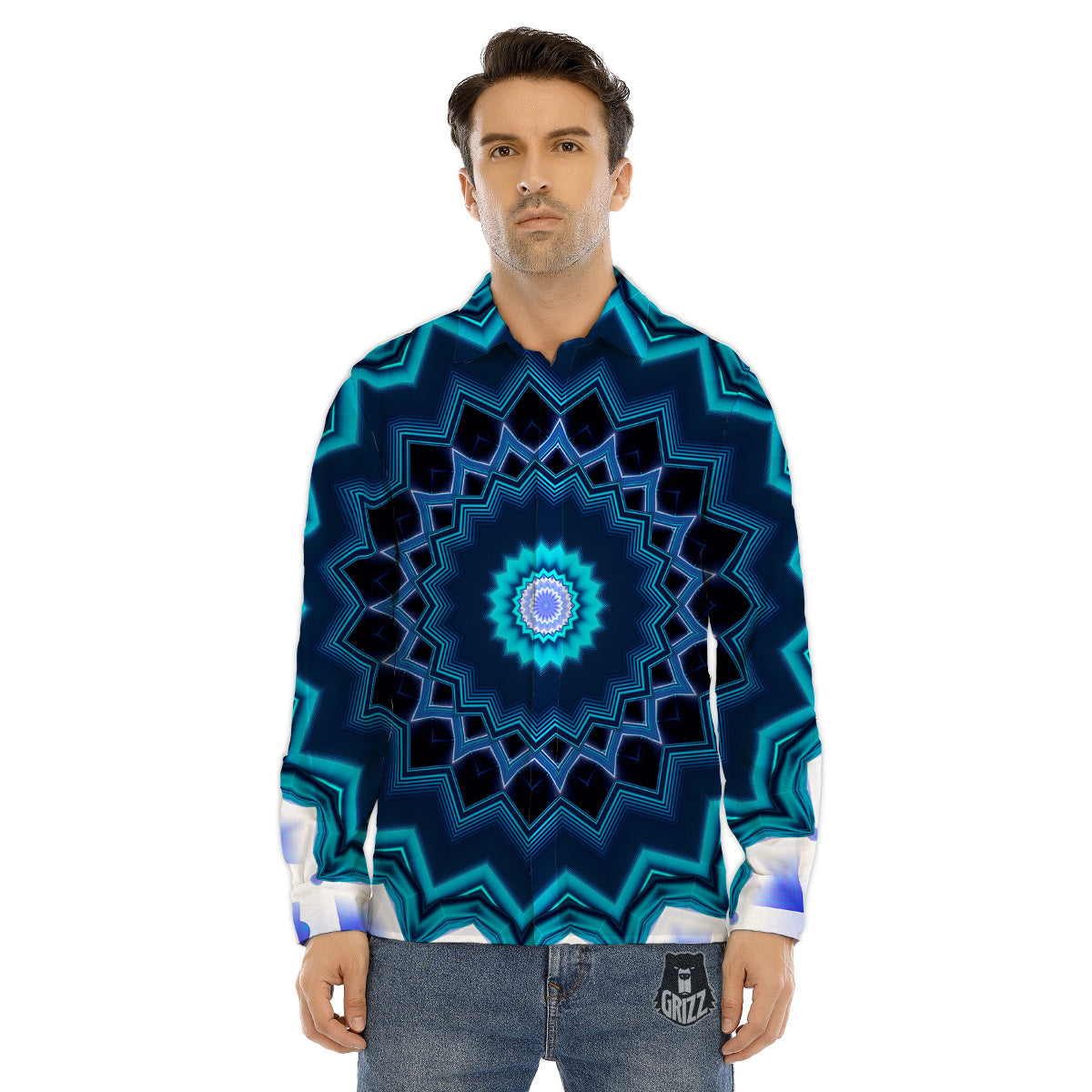 Kaleidoscope Blue Crystal Print Men's Dress Shirts-grizzshop